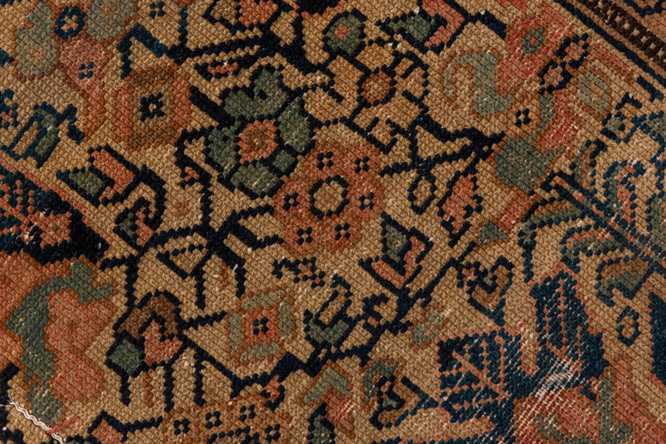 3' x 8' one-of-a-kind handmade antique Malayer runner rug. Color palette: terra cotta, navy, sage, camel, rose, ivory