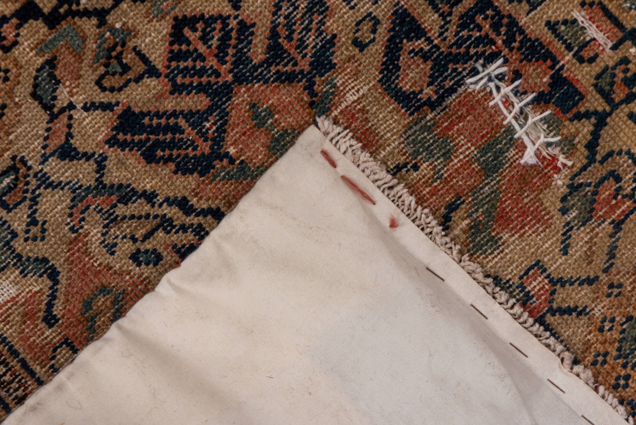 3' x 8' one-of-a-kind handmade antique Malayer runner rug. Color palette: terra cotta, navy, sage, camel, rose, ivory