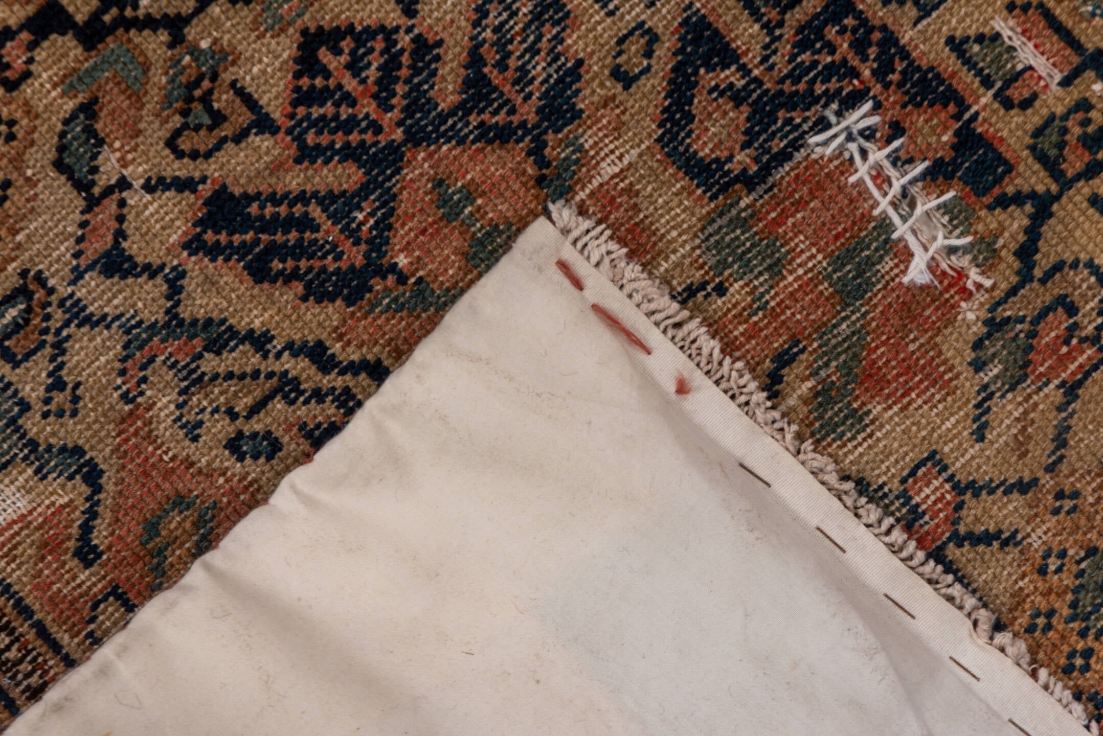 3' x 8' one-of-a-kind handmade antique Malayer runner rug. Color palette: terra cotta, navy, sage, camel, rose, ivory