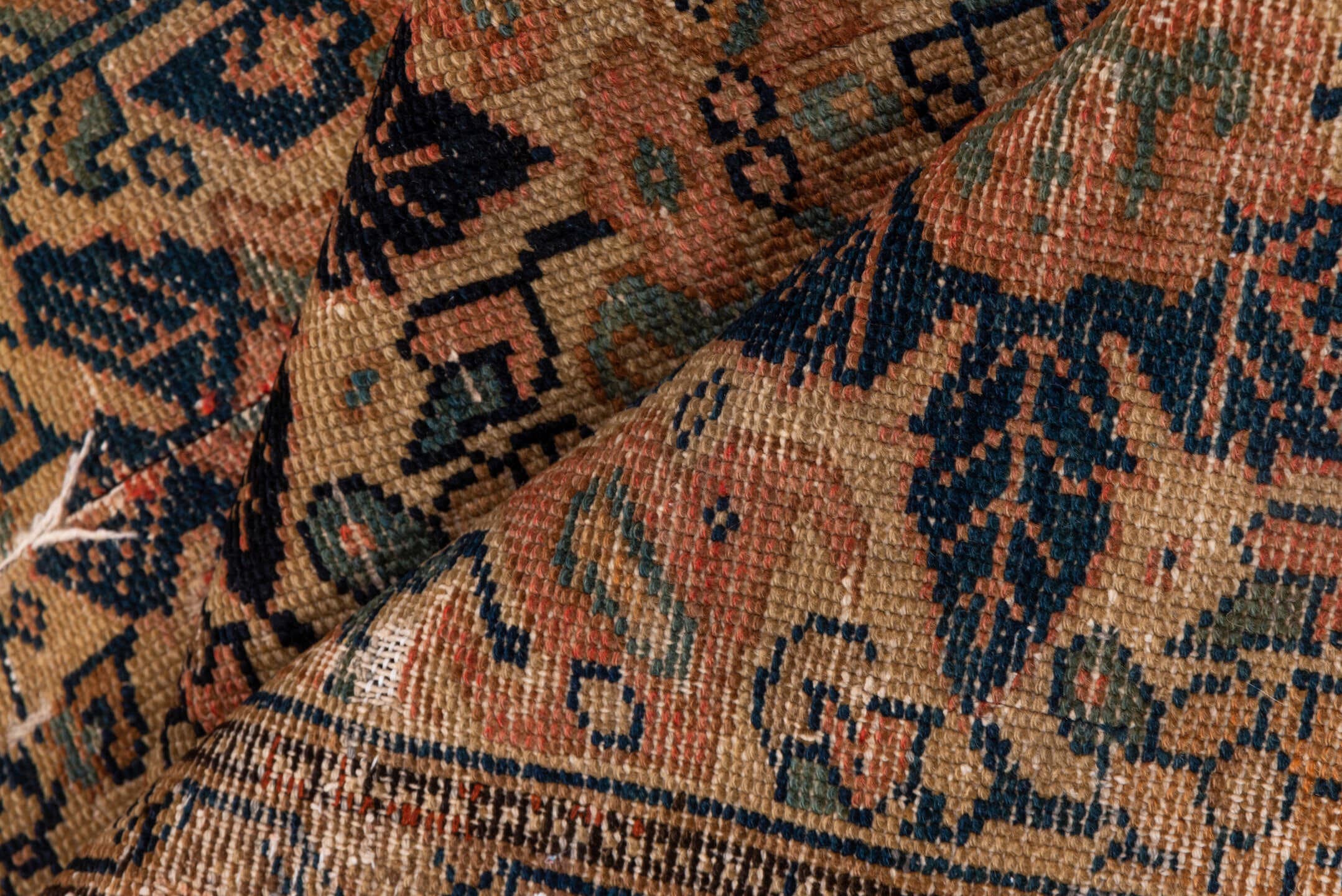 3' x 8' one-of-a-kind handmade antique Malayer runner rug. Color palette: terra cotta, navy, sage, camel, rose, ivory
