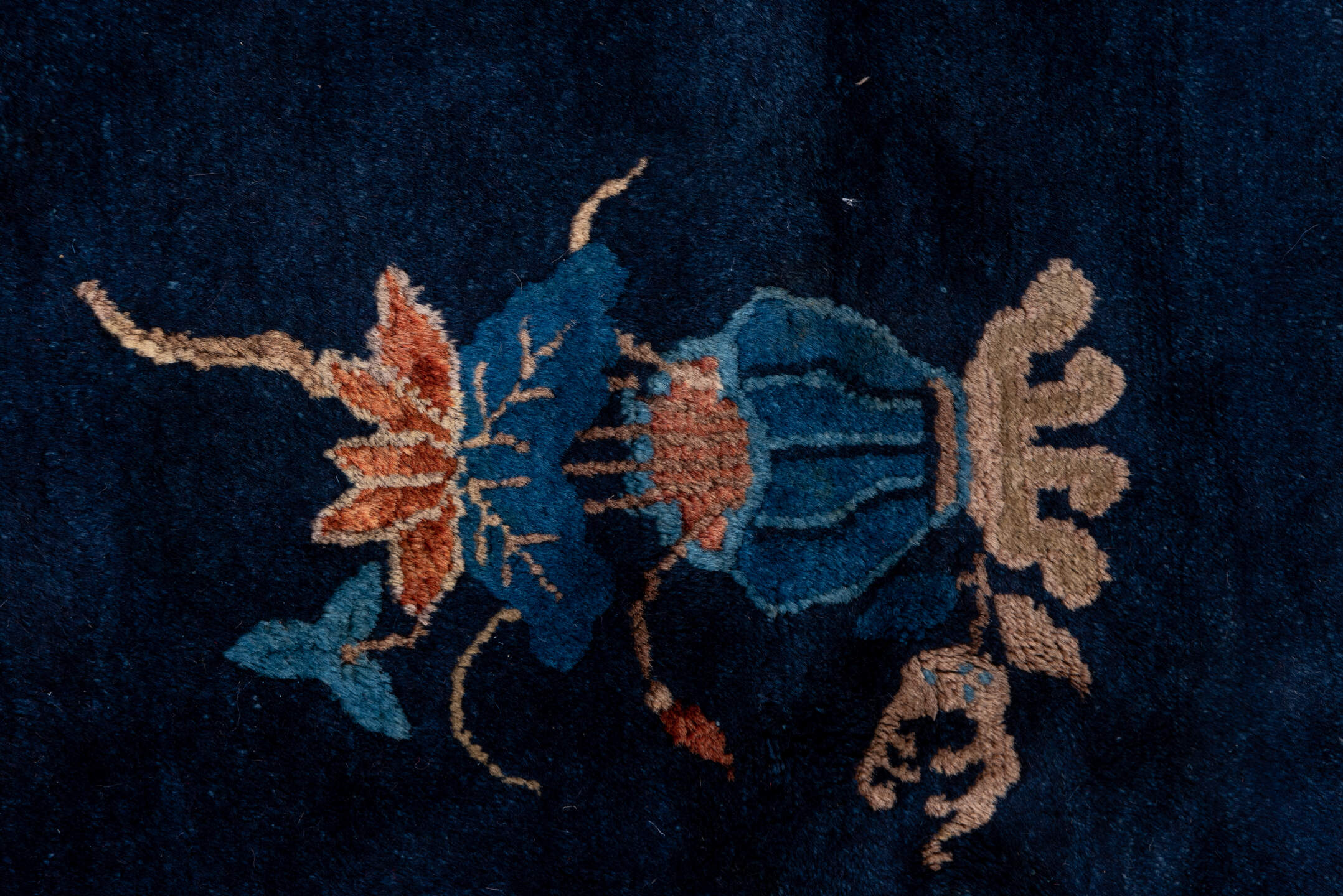 6' x 8' one-of-a-kind handmade antique Chinese medium size rug. Color palette: navy, ivory, cobalt, terra cotta, camel, rose