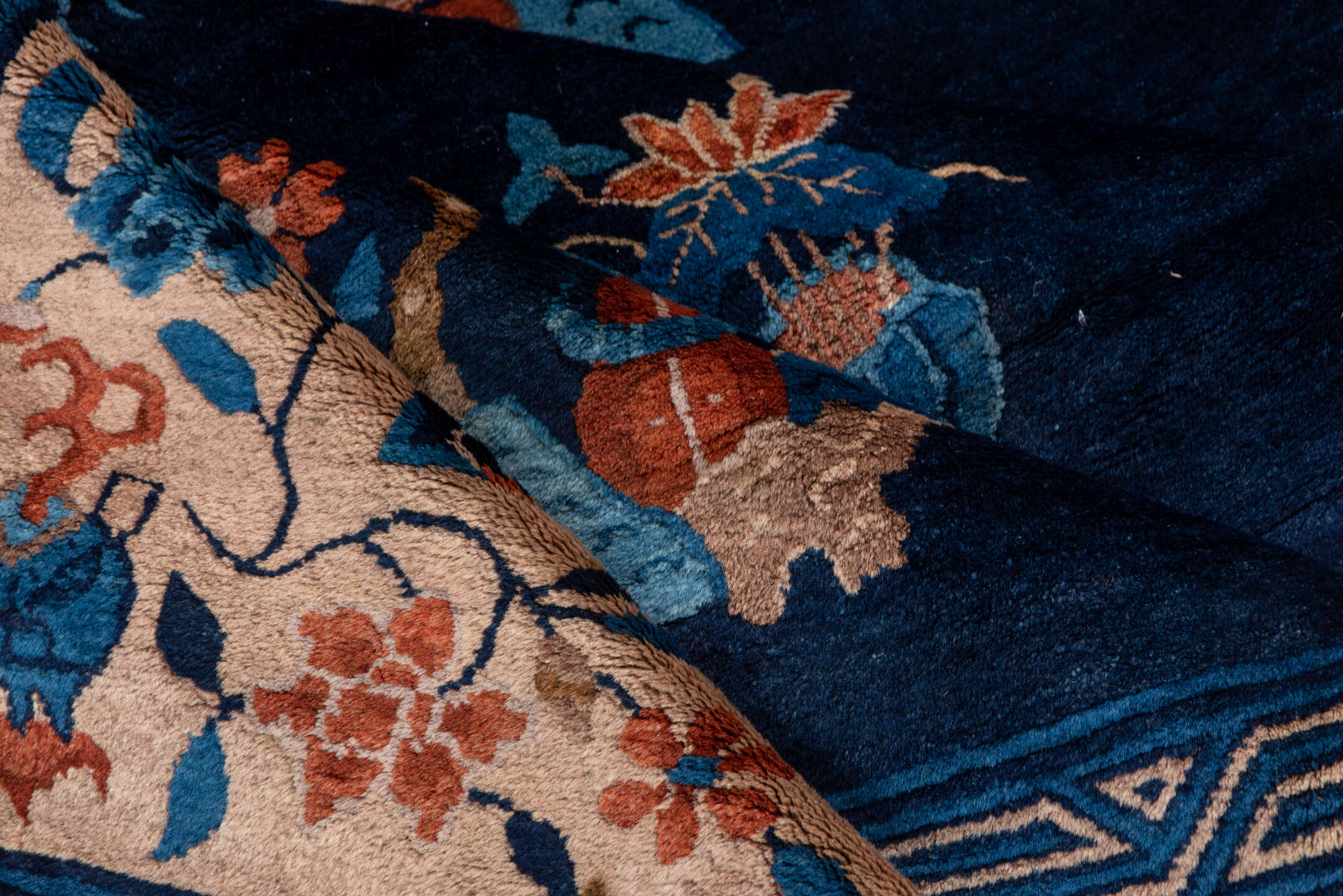 6' x 8' one-of-a-kind handmade antique Chinese medium size rug. Color palette: navy, ivory, cobalt, terra cotta, camel, rose