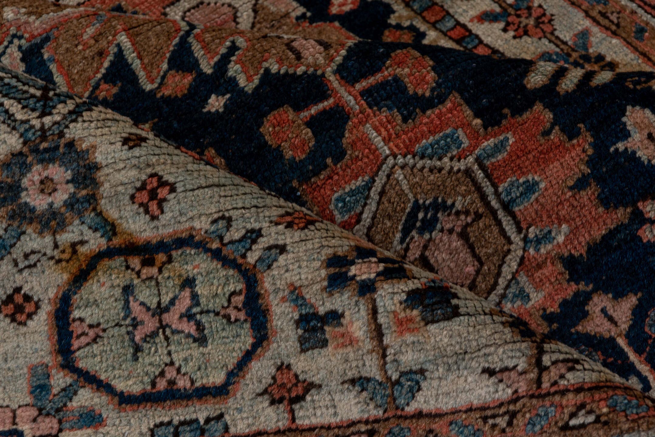 3' x 5' one-of-a-kind handmade antique Heriz small size rug. Color palette: navy, rust, ivory, taupe, slate, camel, rose