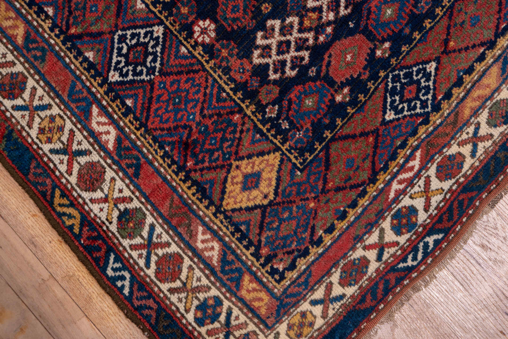 3' x 15' one-of-a-kind handmade vintage Kurd runner rug. Color palette: gray, blue, brown, red, black, pink, off-white