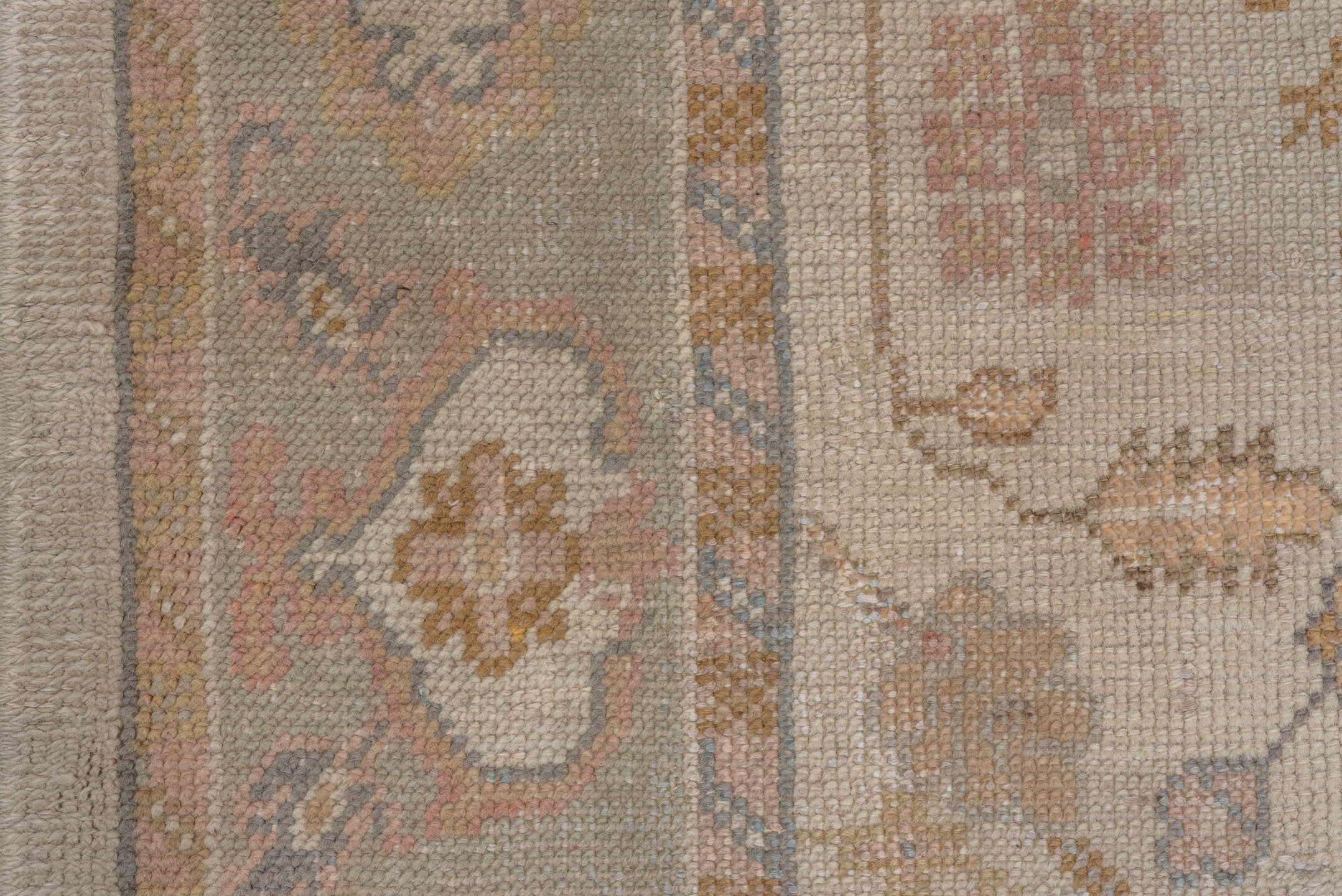 6' x 9' one-of-a-kind handmade antique Oushak medium size rug. Color palette: ivory, blush, taupe, sage, gold, rose, camel