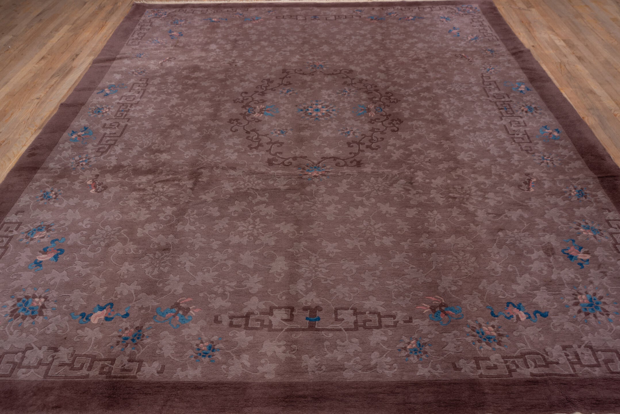 9' x 11' one-of-a-kind handmade antique Chinese large size rug. Color palette: taupe, mauve, brown, slate, ivory, cobalt