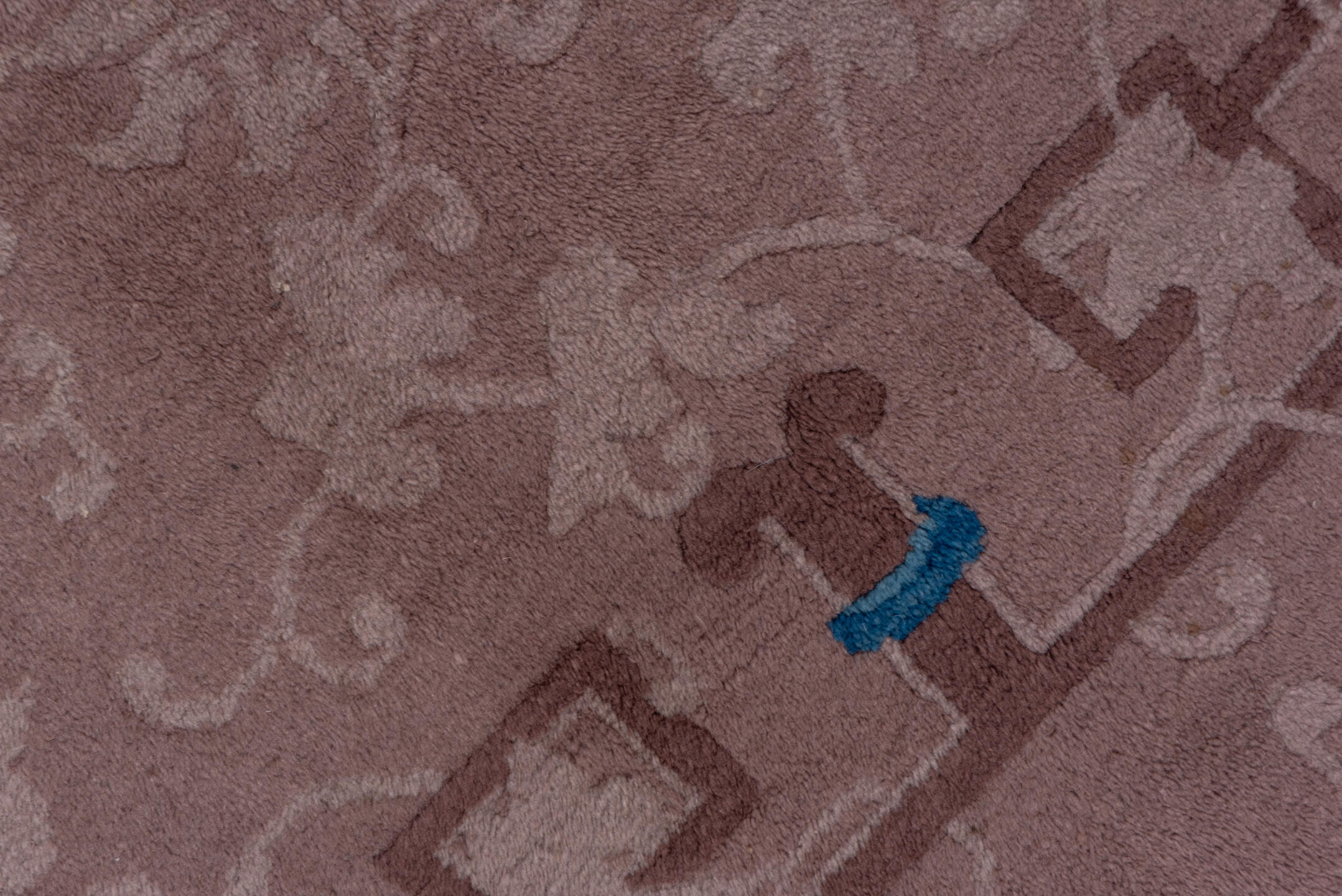 9' x 11' one-of-a-kind handmade antique Chinese large size rug. Color palette: taupe, mauve, brown, slate, ivory, cobalt