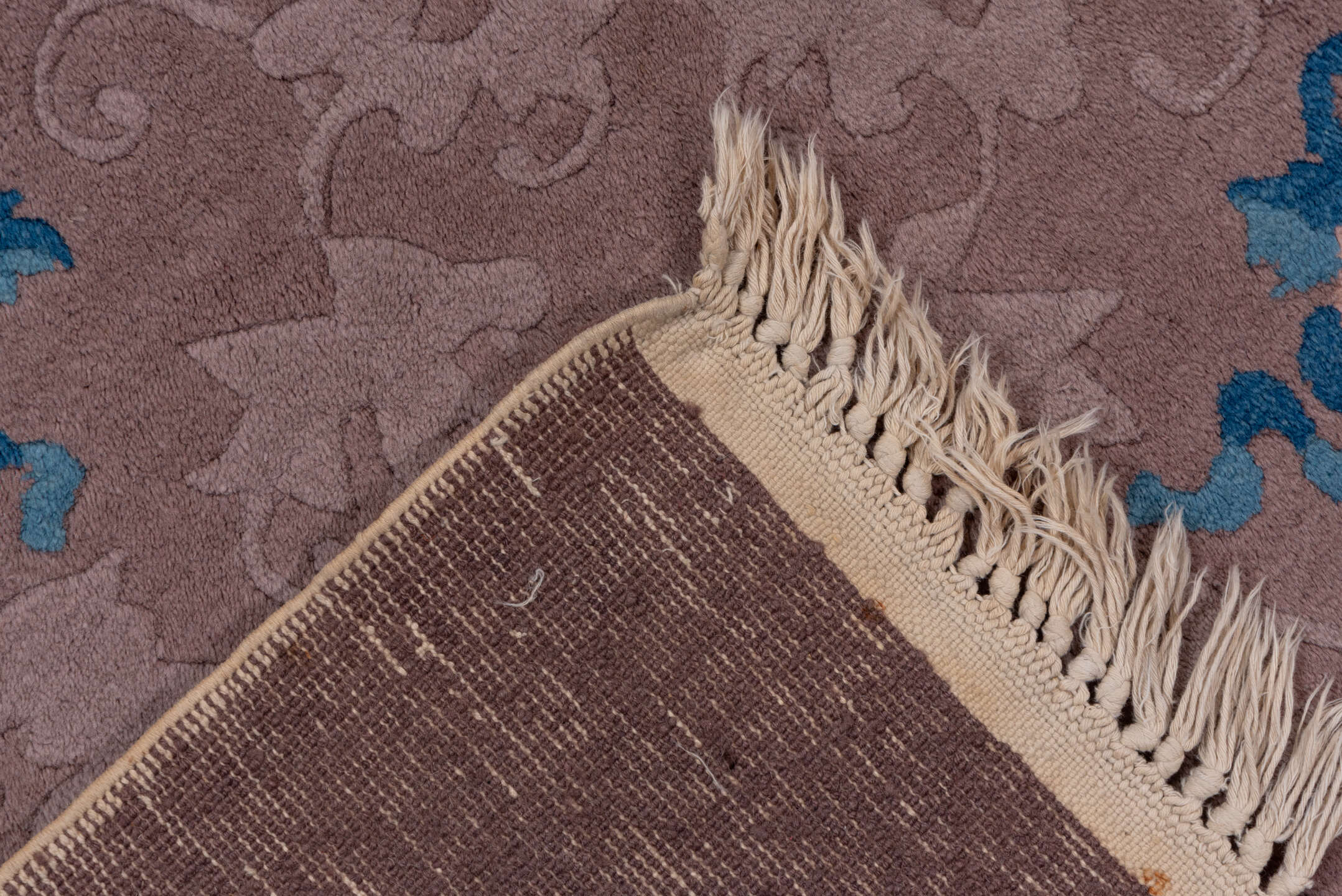 9' x 11' one-of-a-kind handmade antique Chinese large size rug. Color palette: taupe, mauve, brown, slate, ivory, cobalt