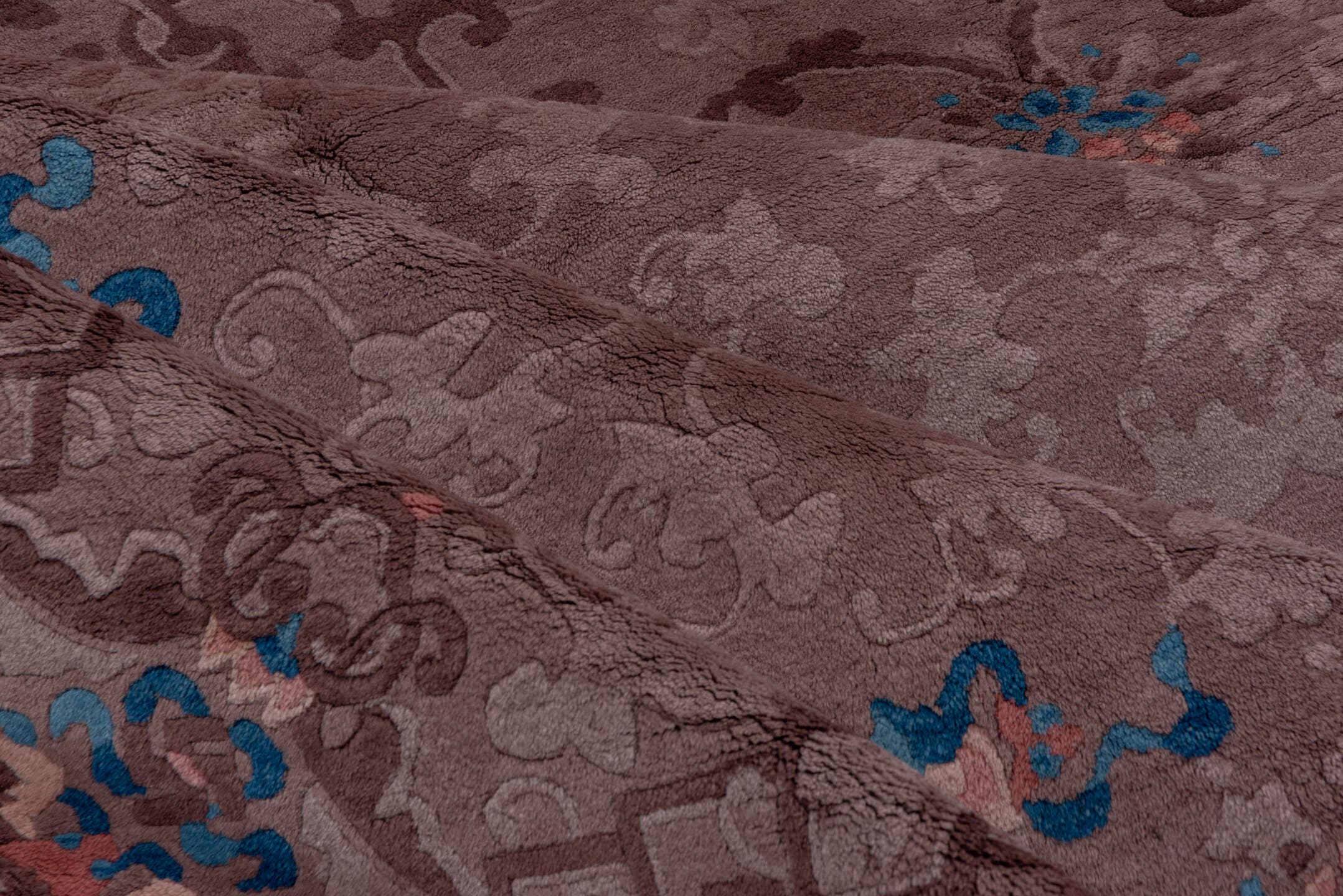 9' x 11' one-of-a-kind handmade antique Chinese large size rug. Color palette: taupe, mauve, brown, slate, ivory, cobalt
