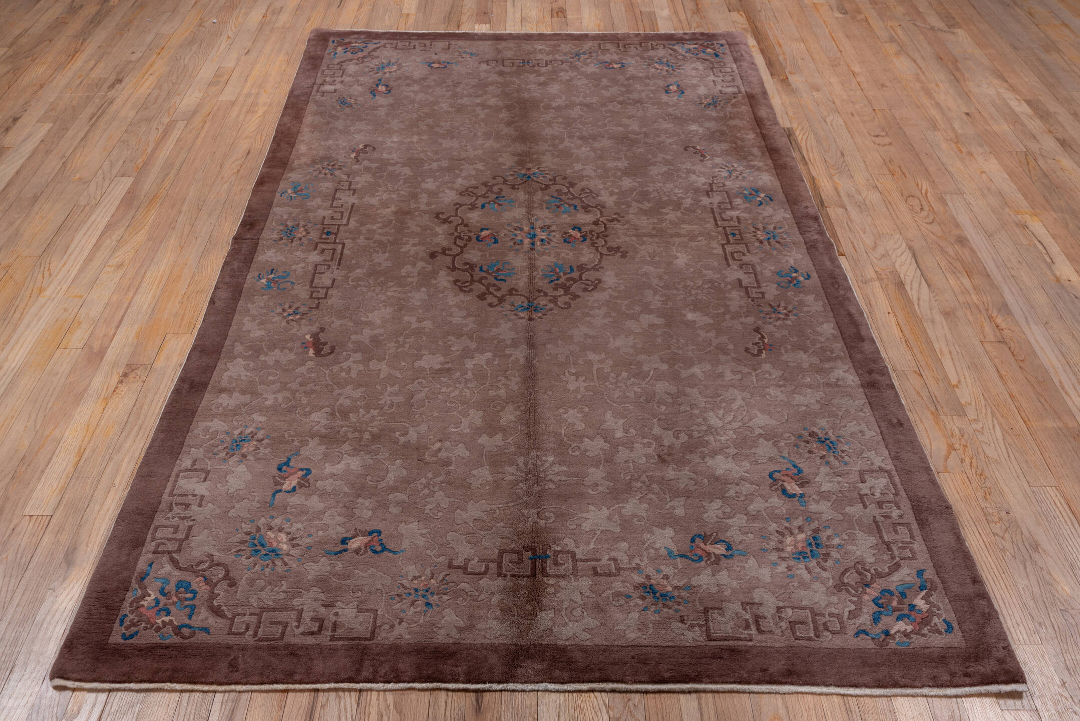 5' x 8' one-of-a-kind handmade antique Chinese medium size rug. Color palette: taupe, mauve, dusty rose, ivory, blue, slate