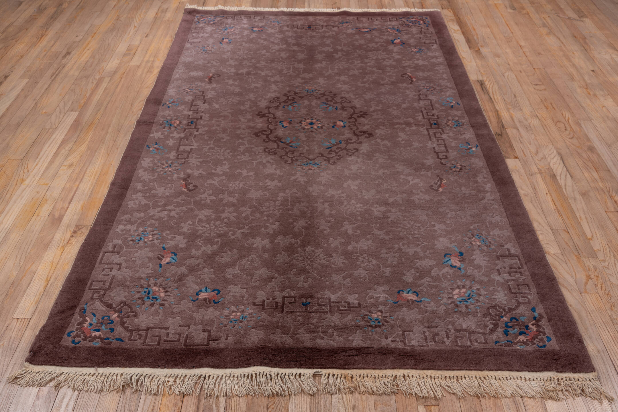 5' x 8' one-of-a-kind handmade vintage Chinese medium size rug. Color palette: blue, brown, gray, pink, red, rosy brown