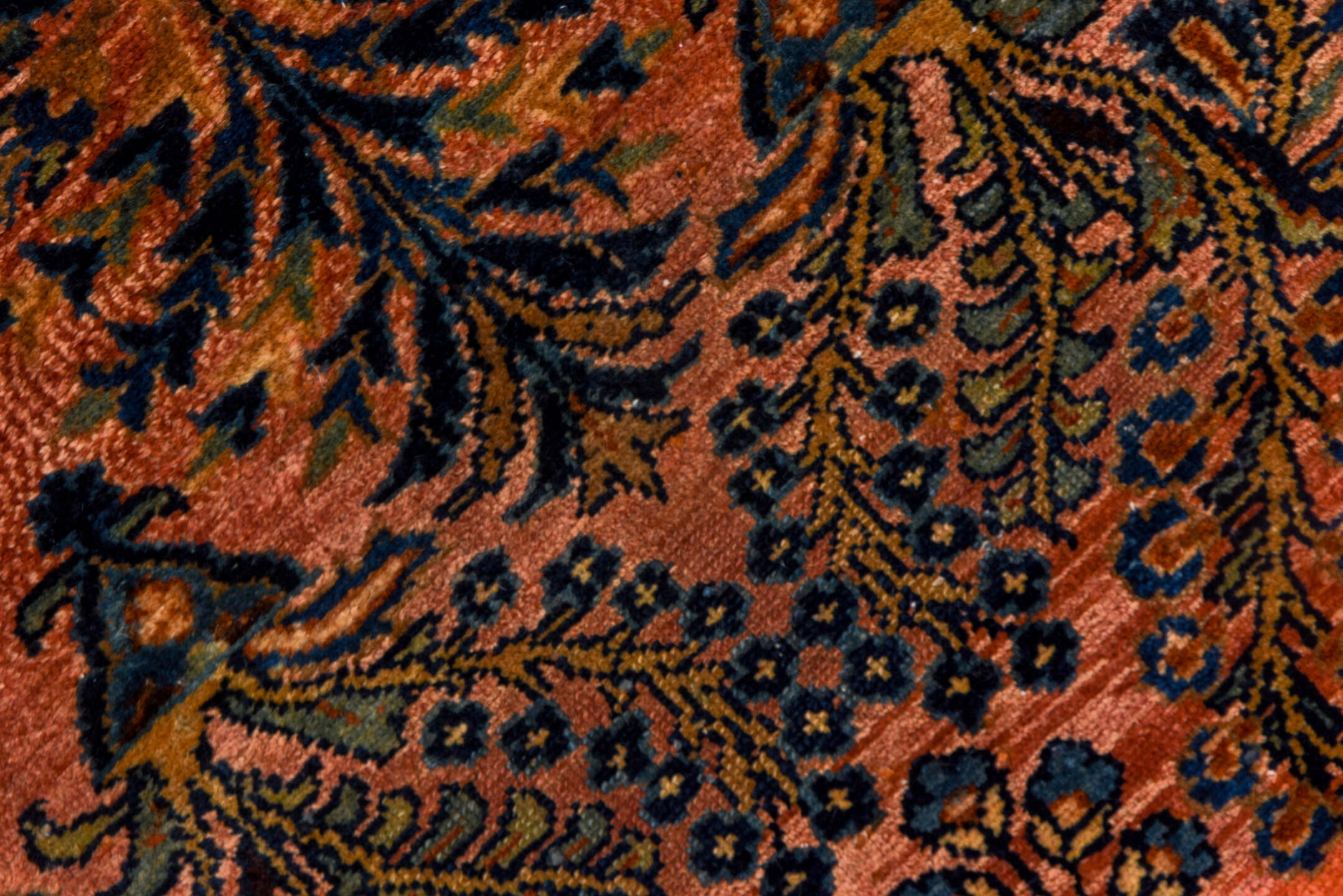 2' x 16' one-of-a-kind handmade antique Lilian runner rug. Color palette: rose, navy, rust, terra cotta, ivory, brown, pink