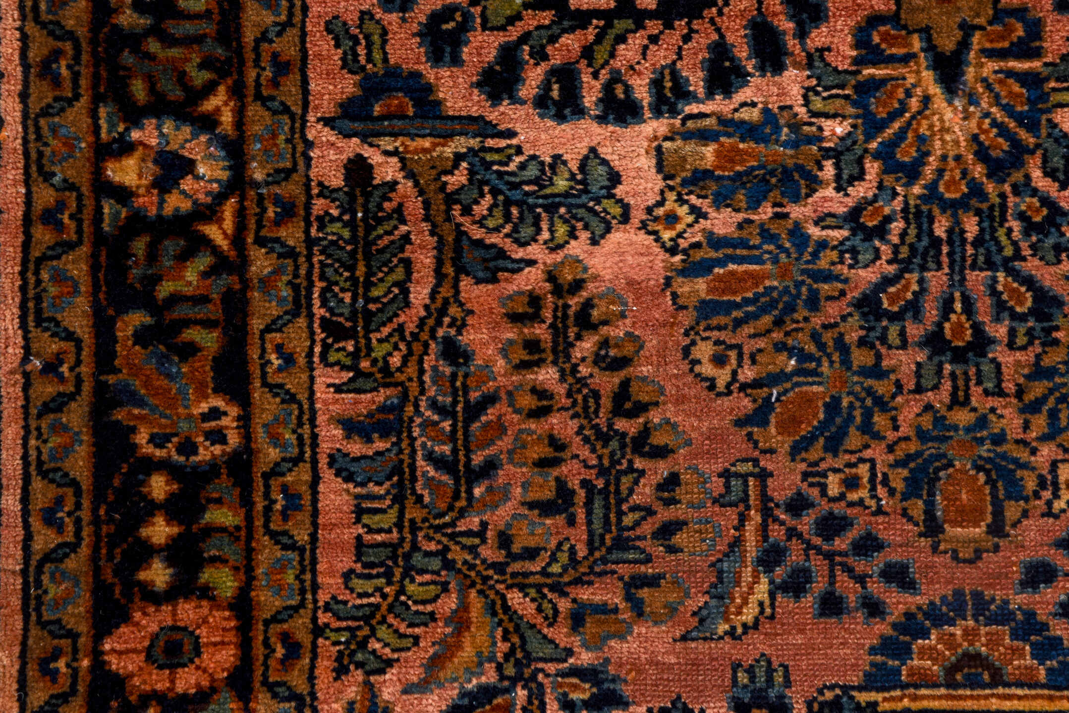 2' x 16' one-of-a-kind handmade antique Lilian runner rug. Color palette: rose, navy, rust, terra cotta, ivory, brown, pink