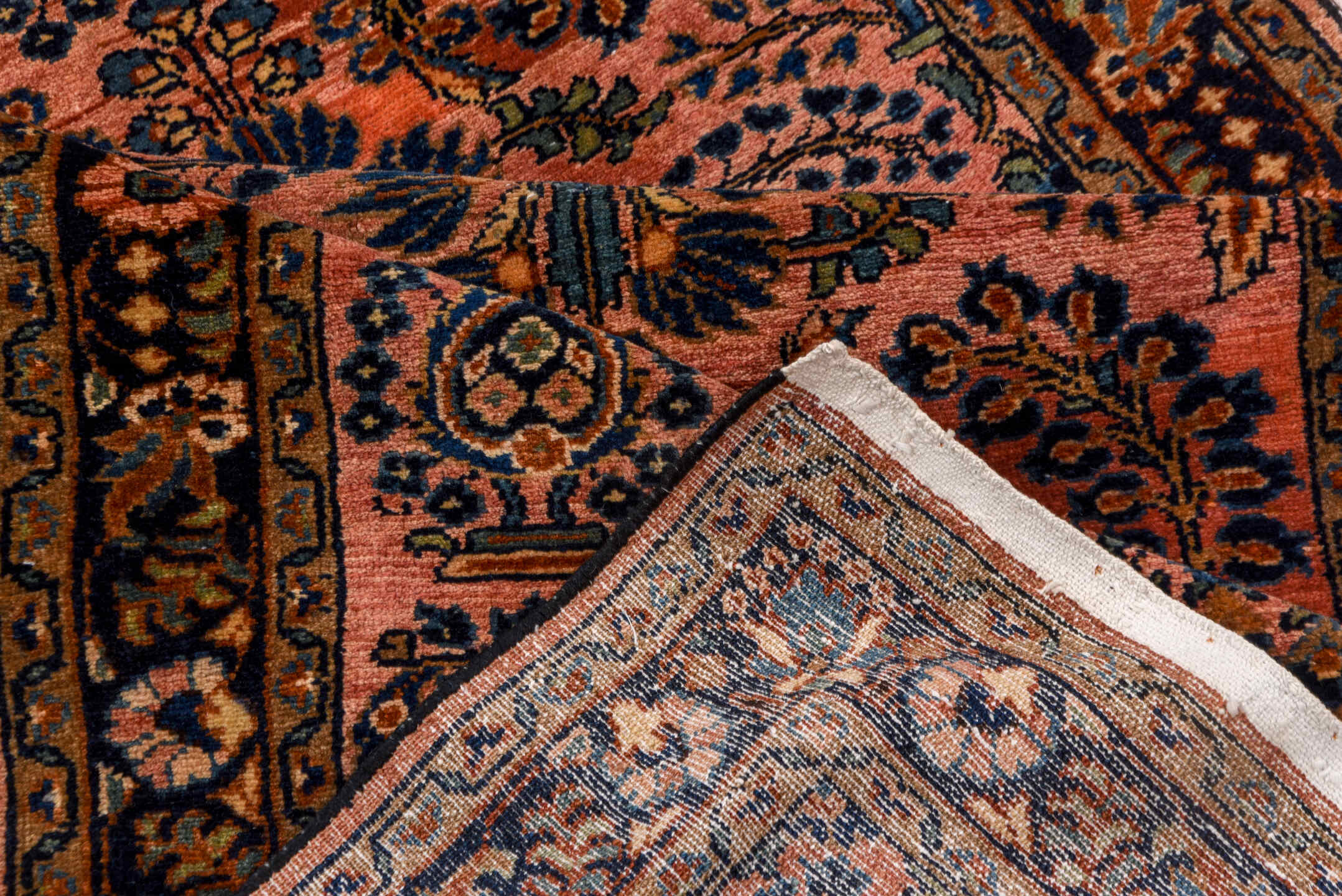 2' x 16' one-of-a-kind handmade antique Lilian runner rug. Color palette: rose, navy, rust, terra cotta, ivory, brown, pink