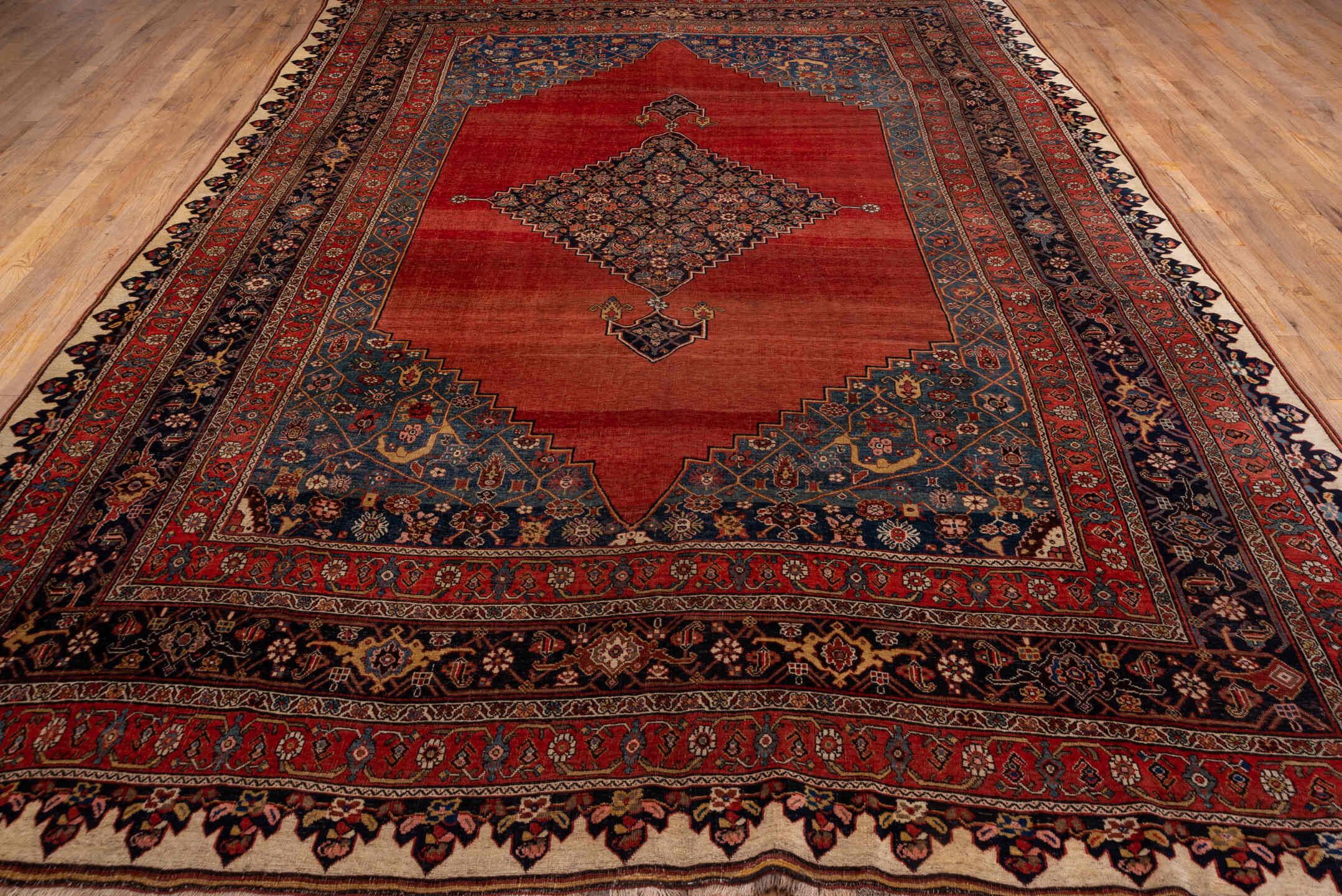 9' x 14' one-of-a-kind handmade antique Bidjar large size rug. Color palette: rust, navy, ivory, brick, slate, camel, rose