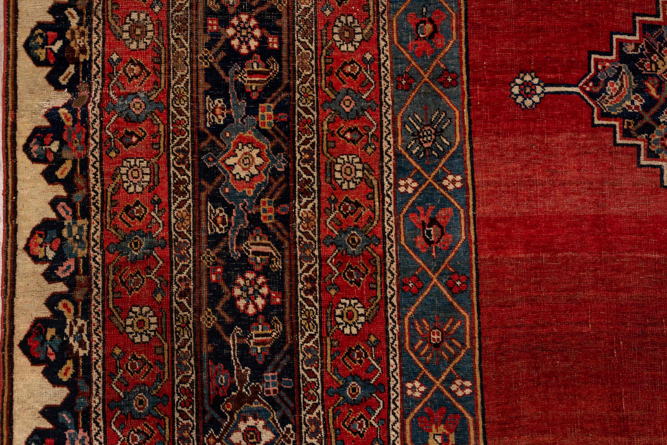 9' x 14' one-of-a-kind handmade antique Bidjar large size rug. Color palette: rust, navy, ivory, brick, slate, camel, rose