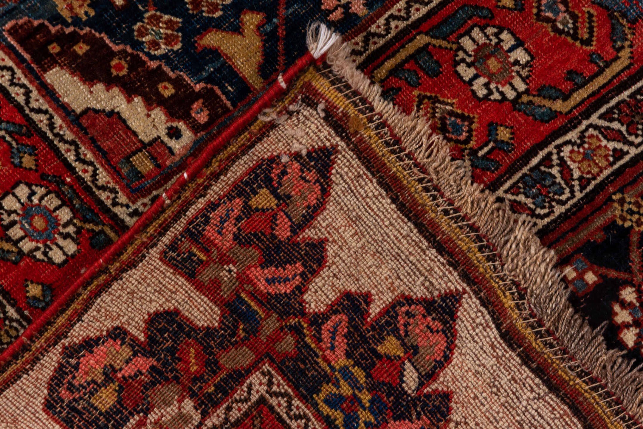 9' x 14' one-of-a-kind handmade antique Bidjar large size rug. Color palette: rust, navy, ivory, brick, slate, camel, rose