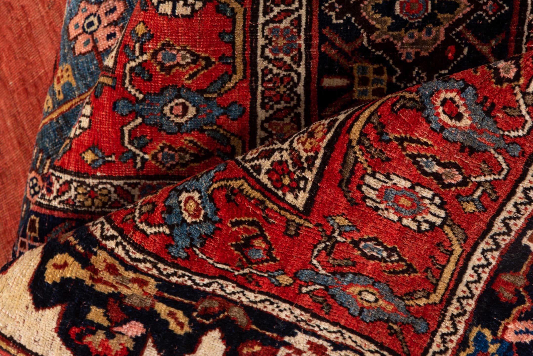 9' x 14' one-of-a-kind handmade antique Bidjar large size rug. Color palette: rust, navy, ivory, brick, slate, camel, rose