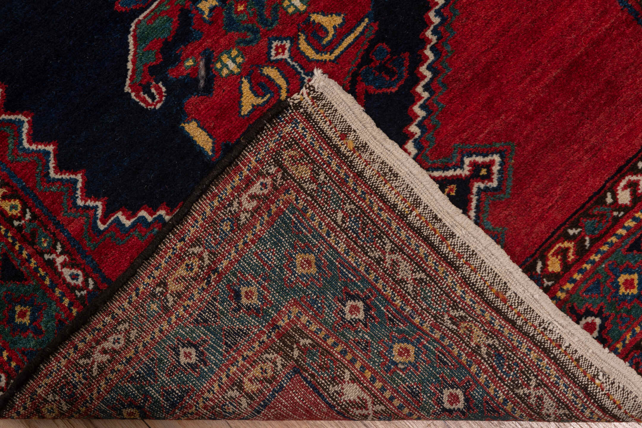 3' x 16' one-of-a-kind handmade vintage Malayer runner rug. Color palette: blue, brown, gray, off-white, pink, red, snow