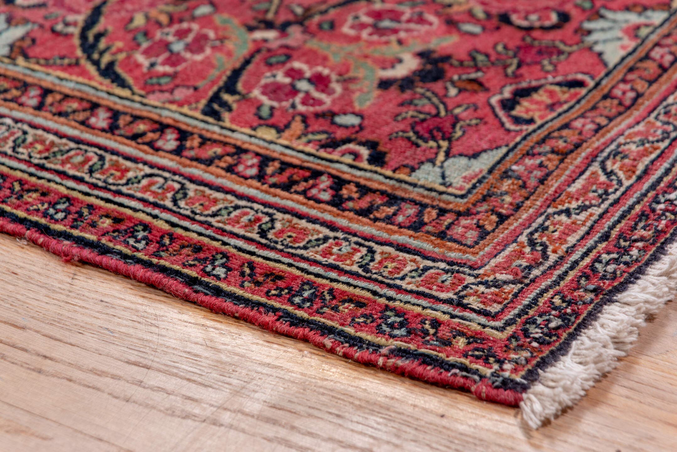 7' x 20' one-of-a-kind handmade antique Khorassan rug. Color palette: rose, navy, burgundy, ivory, dusty pink, taupe