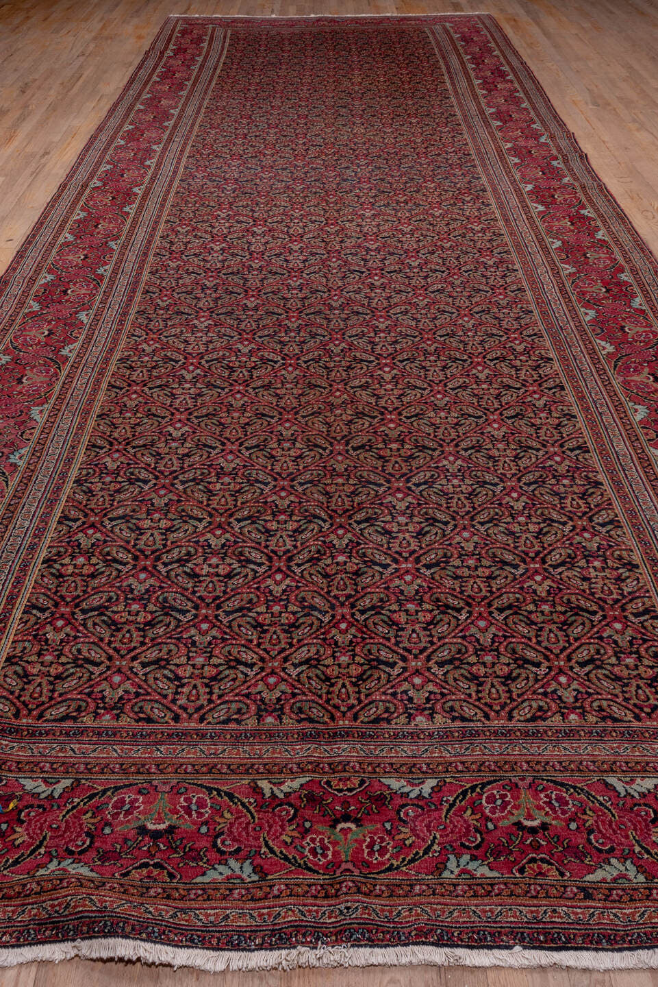7' x 20' one-of-a-kind handmade antique Khorassan rug. Color palette: rose, navy, burgundy, ivory, dusty pink, taupe