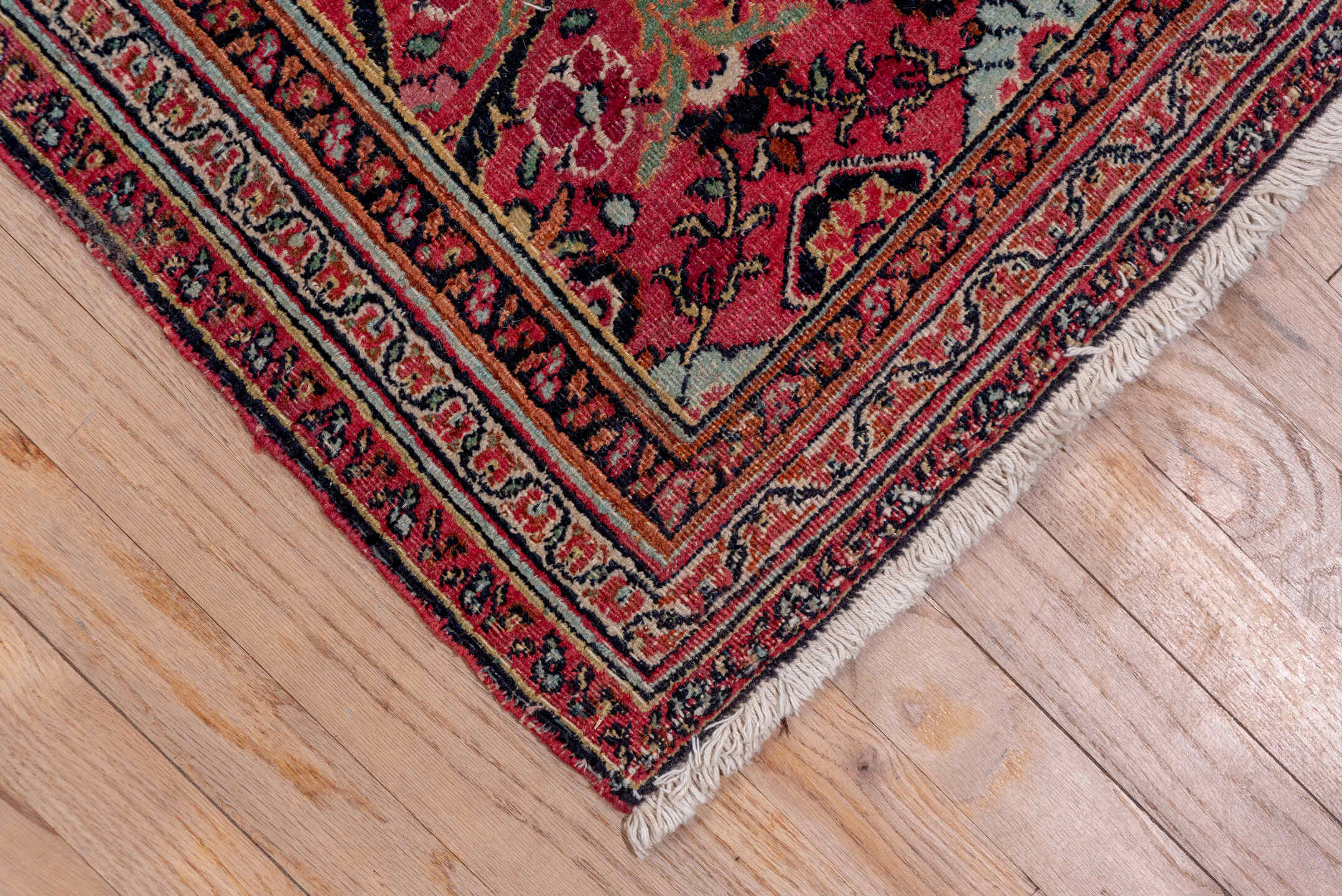 7' x 20' one-of-a-kind handmade antique Khorassan rug. Color palette: rose, navy, burgundy, ivory, dusty pink, taupe