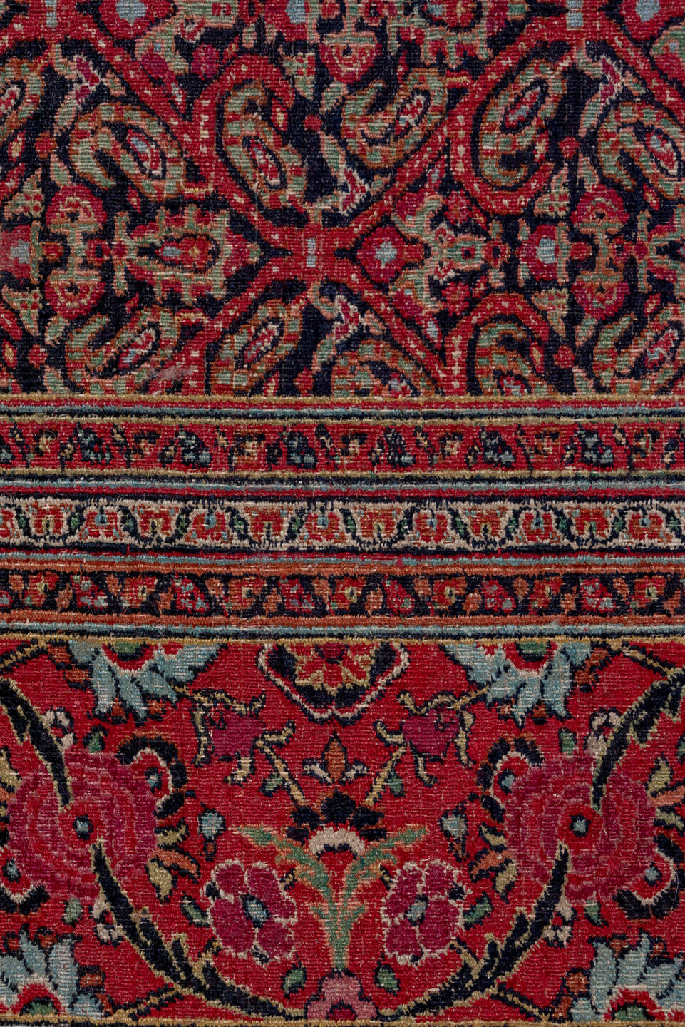 7' x 20' one-of-a-kind handmade antique Khorassan rug. Color palette: rose, navy, burgundy, ivory, dusty pink, taupe