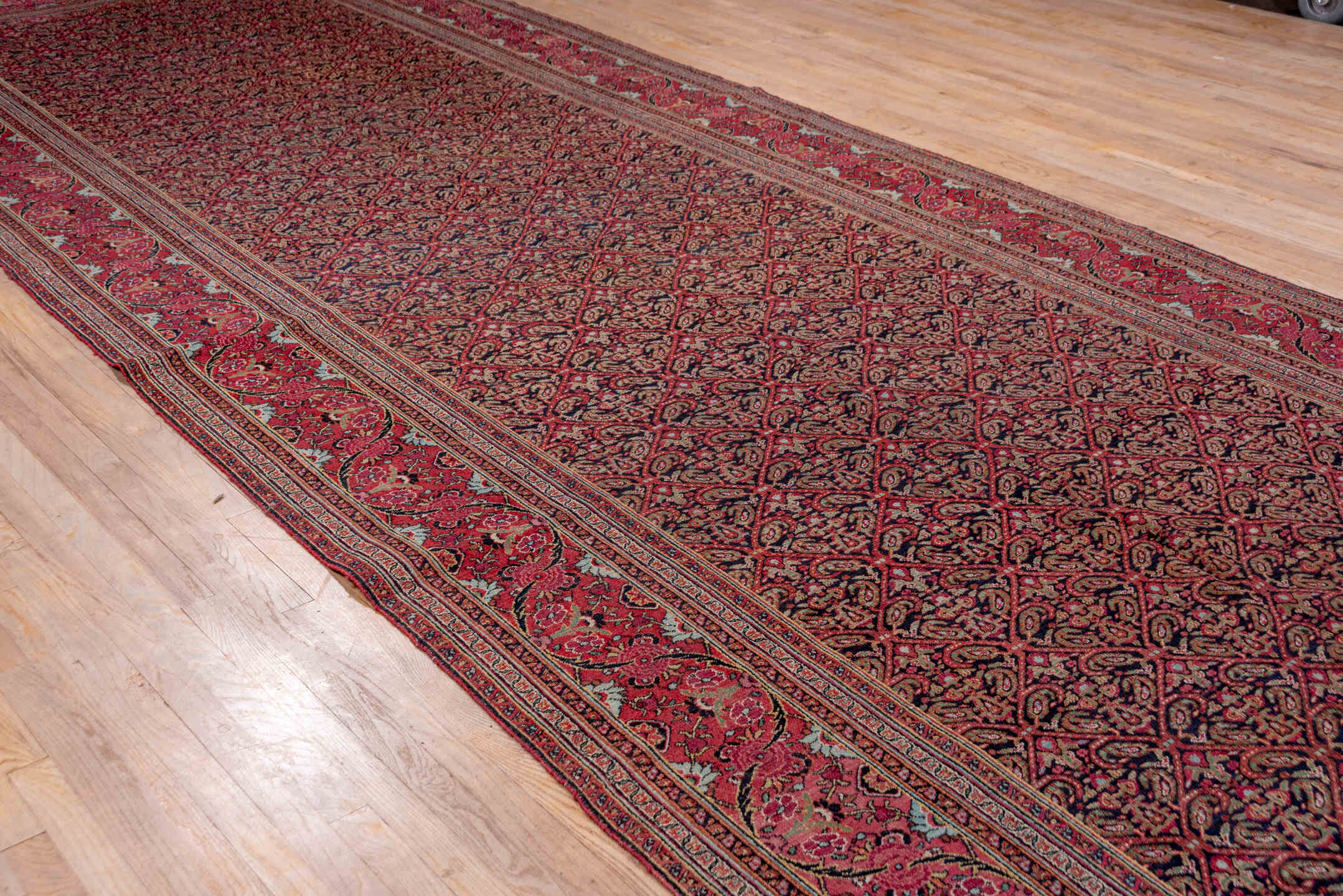 7' x 20' one-of-a-kind handmade antique Khorassan rug. Color palette: rose, navy, burgundy, ivory, dusty pink, taupe