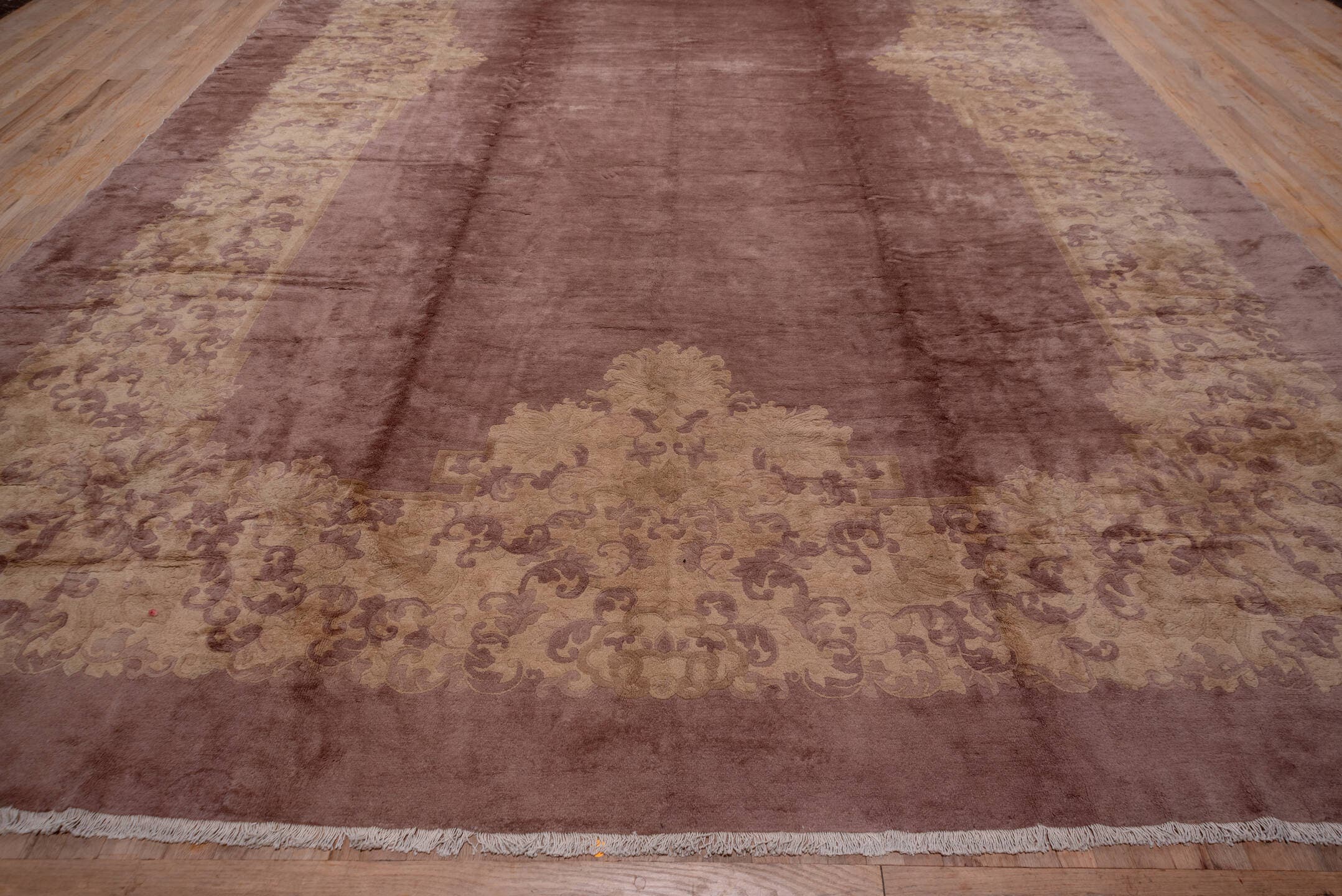 12' x 20' one-of-a-kind handmade antique Chinese oversize rug. Color palette: rose, taupe, beige, mauve, dusty lavender