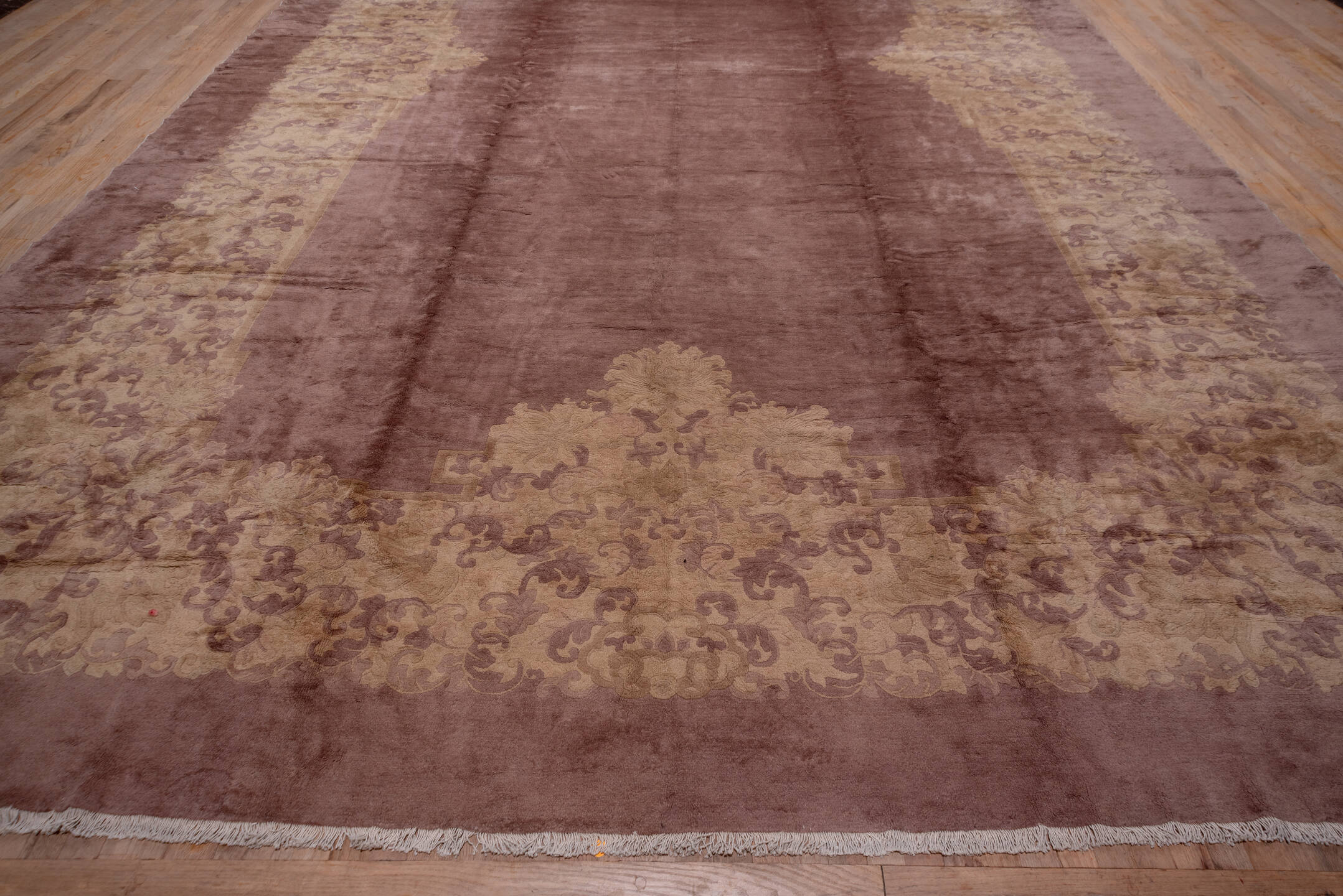 12' x 20' one-of-a-kind handmade antique Chinese oversize rug. Color palette: rose, taupe, beige, mauve, dusty lavender