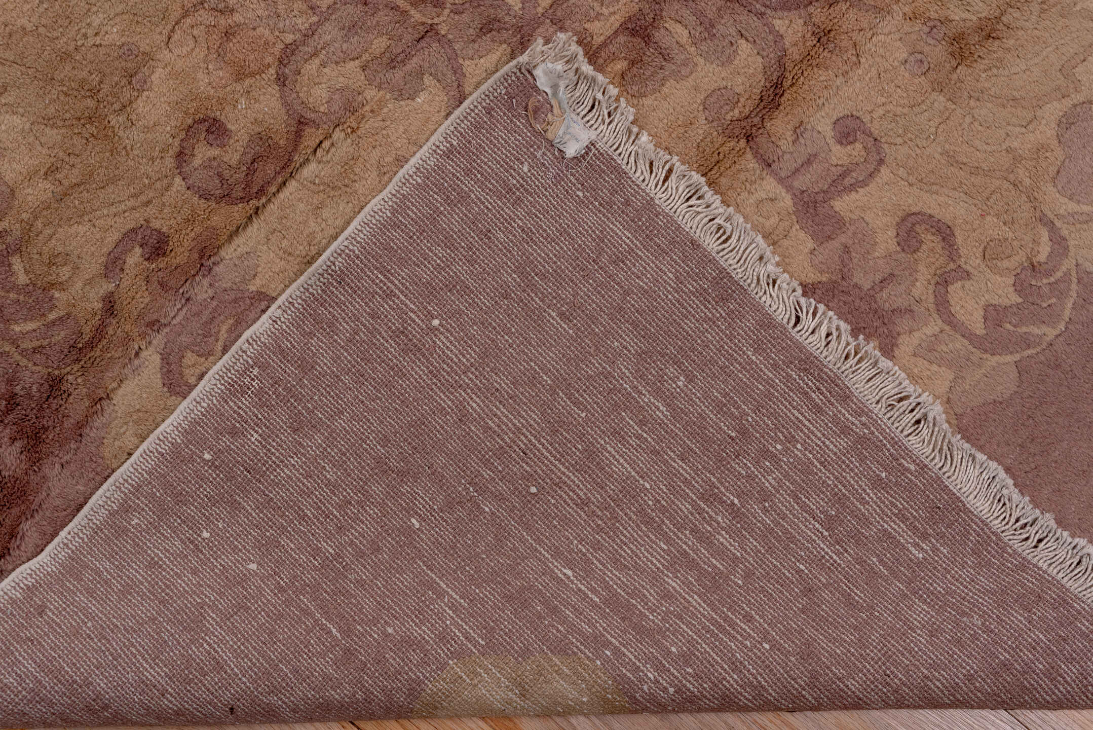 12' x 20' one-of-a-kind handmade antique Chinese oversize rug. Color palette: rose, taupe, beige, mauve, dusty lavender