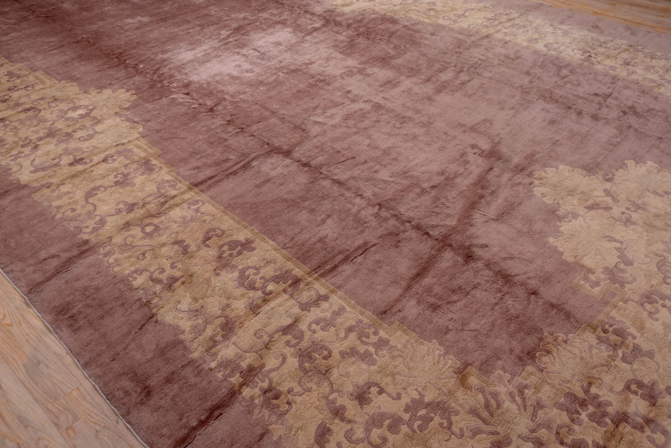 12' x 20' one-of-a-kind handmade antique Chinese oversize rug. Color palette: rose, taupe, beige, mauve, dusty lavender