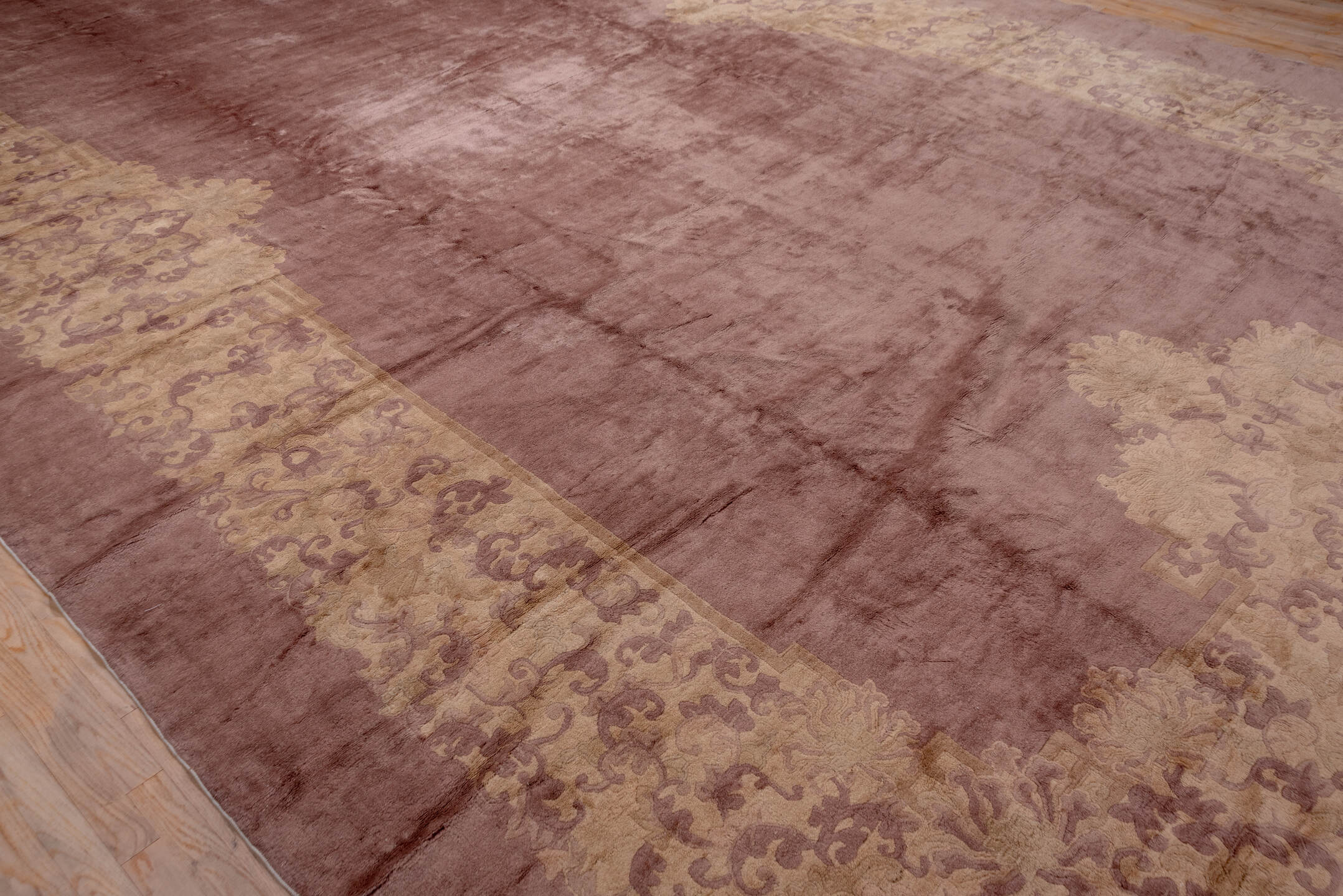 12' x 20' one-of-a-kind handmade antique Chinese oversize rug. Color palette: rose, taupe, beige, mauve, dusty lavender
