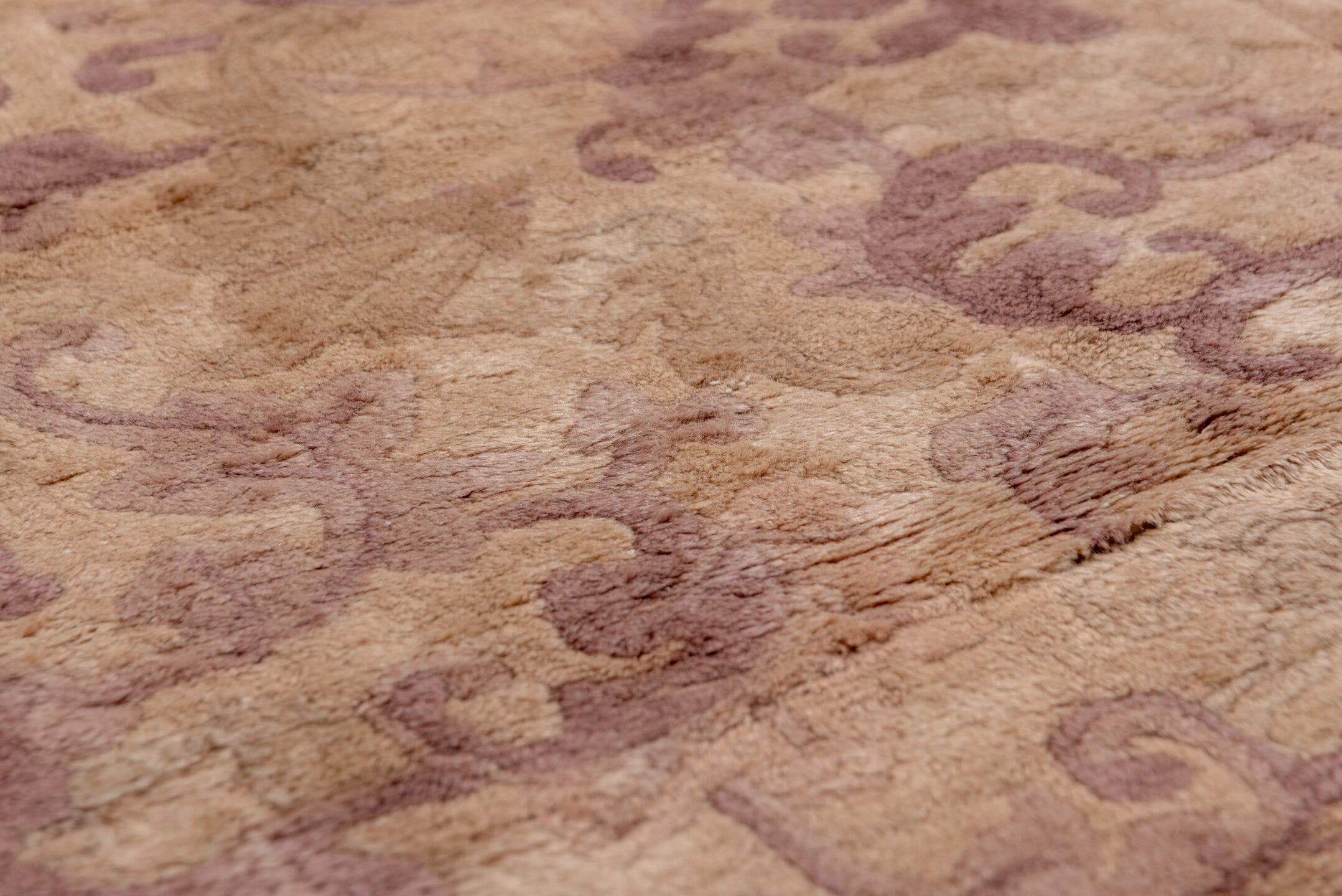 12' x 20' one-of-a-kind handmade antique Chinese oversize rug. Color palette: rose, taupe, beige, mauve, dusty lavender