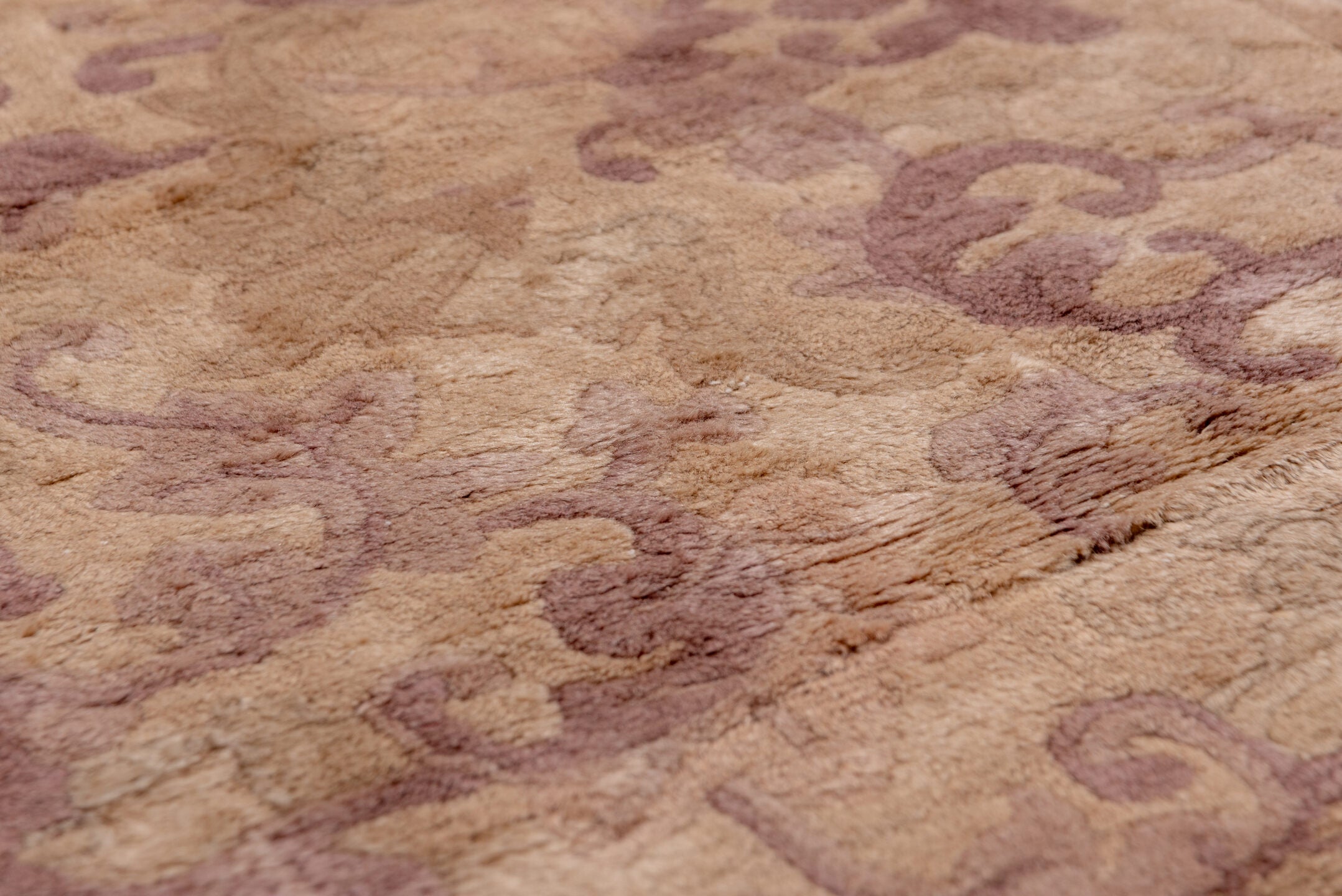 12' x 20' one-of-a-kind handmade antique Chinese oversize rug. Color palette: rose, taupe, beige, mauve, dusty lavender
