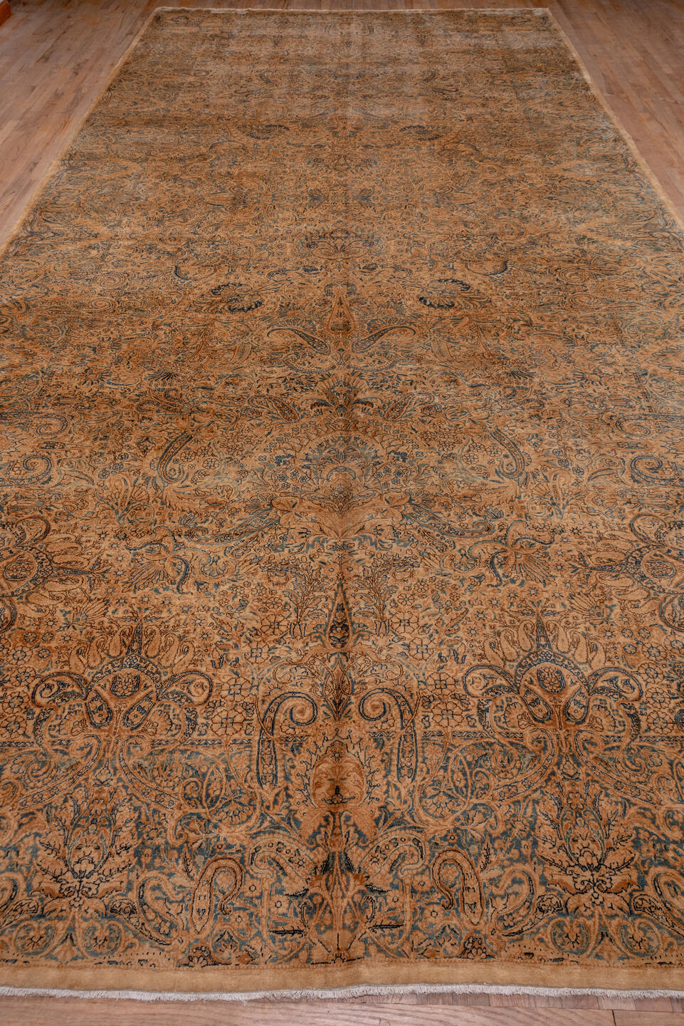 8' x 19' one-of-a-kind handmade antique Kerman rug. Color palette: peach, ivory, blue_gray, taupe, camel, slate, terracotta