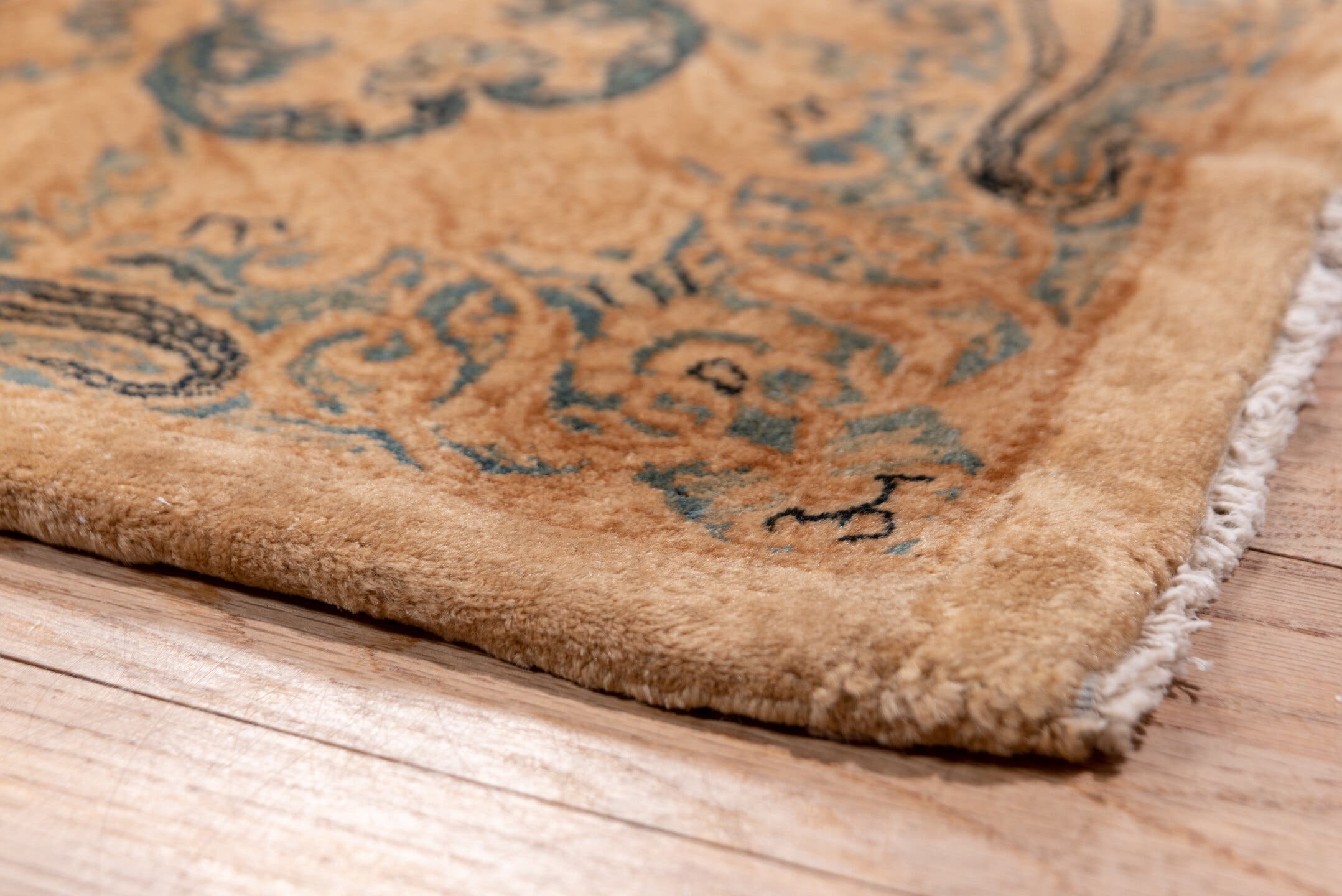 8' x 19' one-of-a-kind handmade antique Kerman rug. Color palette: peach, ivory, blue_gray, taupe, camel, slate, terracotta