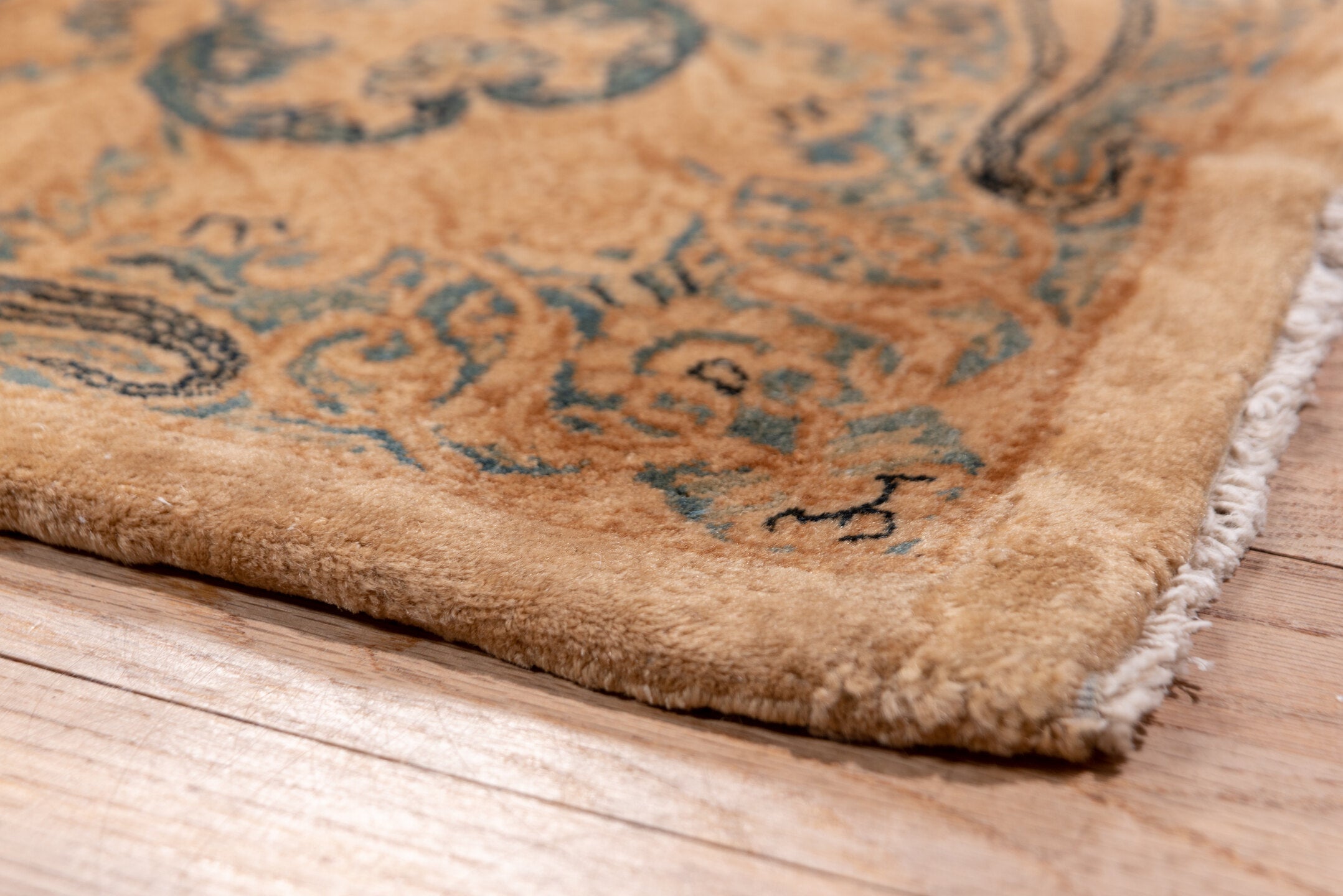 8' x 19' one-of-a-kind handmade antique Kerman rug. Color palette: peach, ivory, blue_gray, taupe, camel, slate, terracotta