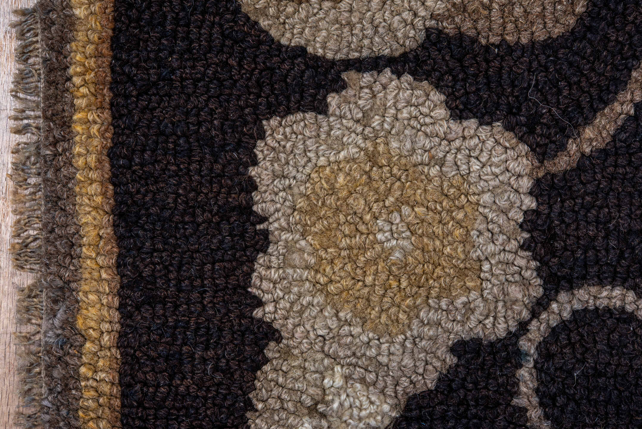 5' x 5' one-of-a-kind handmade vintage Hooked rug. Color palette: black, brown, gray