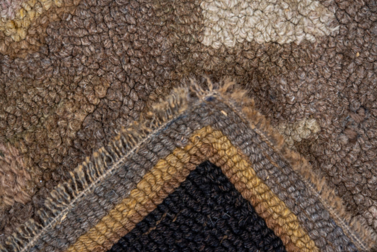 5' x 5' one-of-a-kind handmade antique Hooked rug. Color palette: taupe, brown, ivory, beige, cream, camel, gray