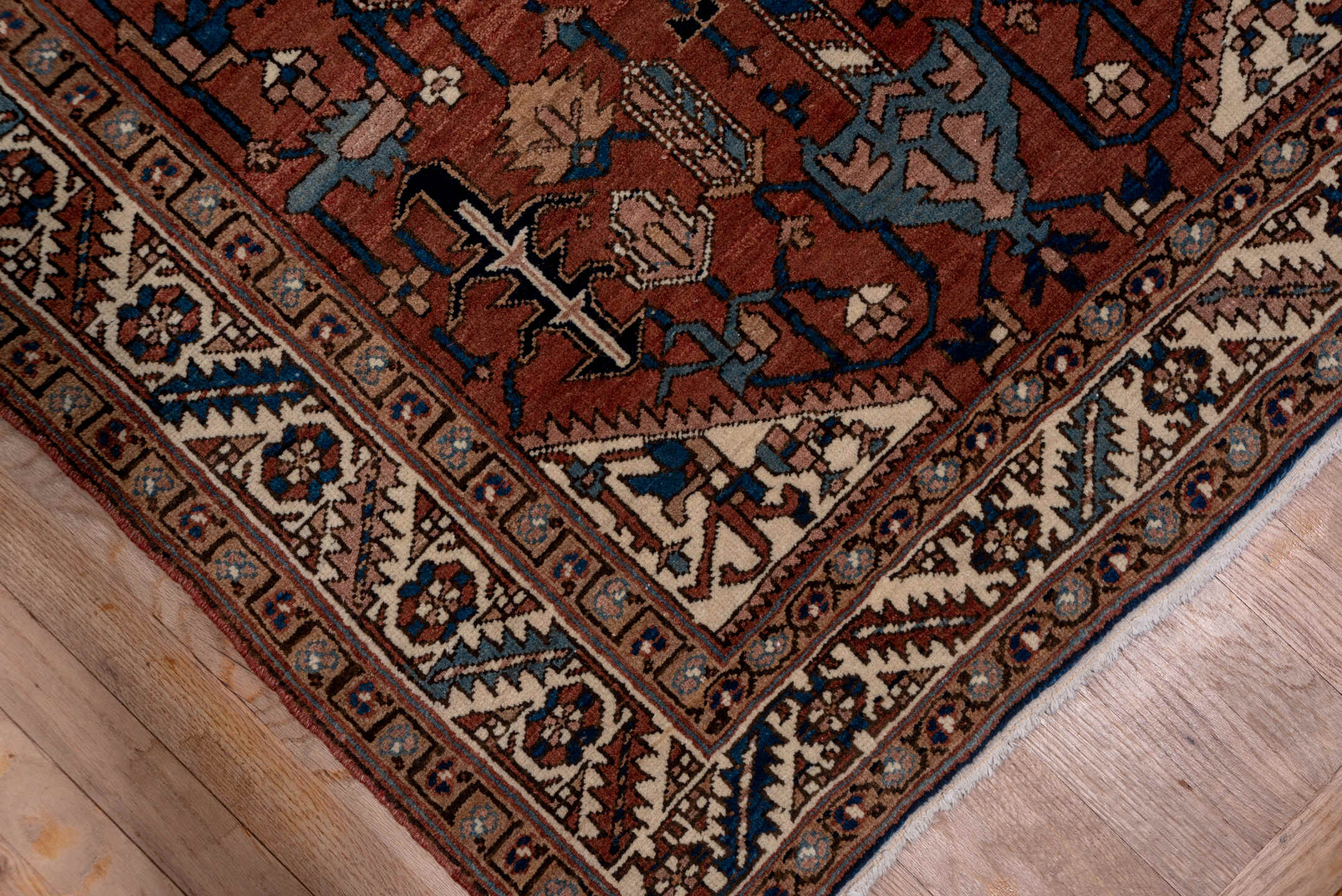 4' x 18' one-of-a-kind handmade vintage Heriz runner rug. Color palette: black, blue, brown, charcoal, dim gray, gray, pink