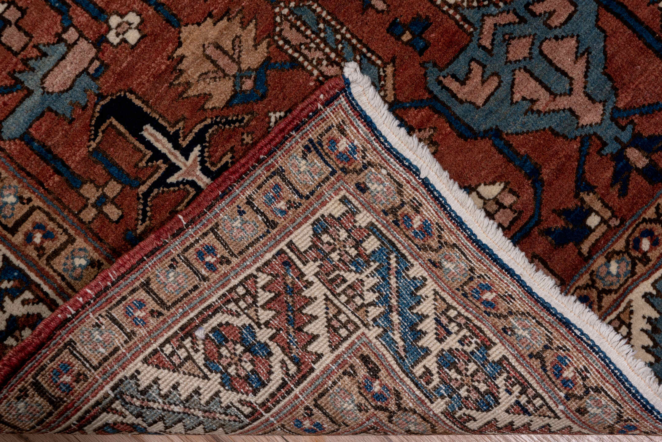 4' x 18' one-of-a-kind handmade vintage Heriz runner rug. Color palette: black, blue, brown, charcoal, dim gray, gray, pink