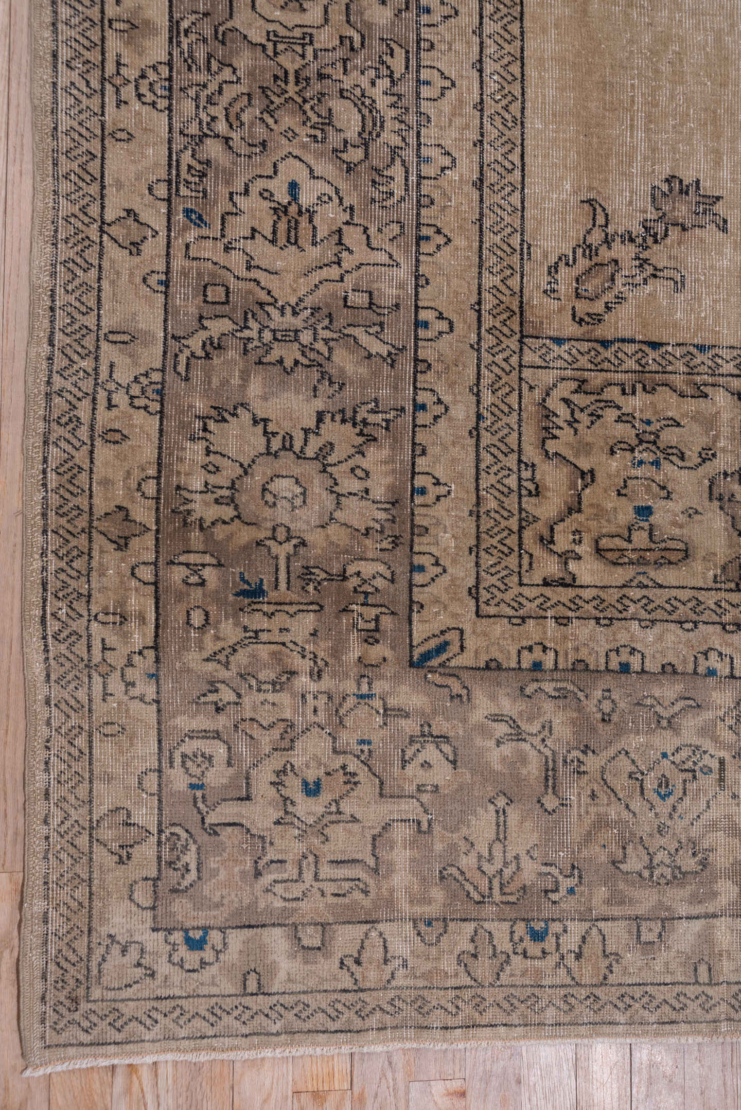 10' x 13' one-of-a-kind handmade antique Sparta large size rug. Color palette: camel, taupe, brown, slate, ivory, charcoal