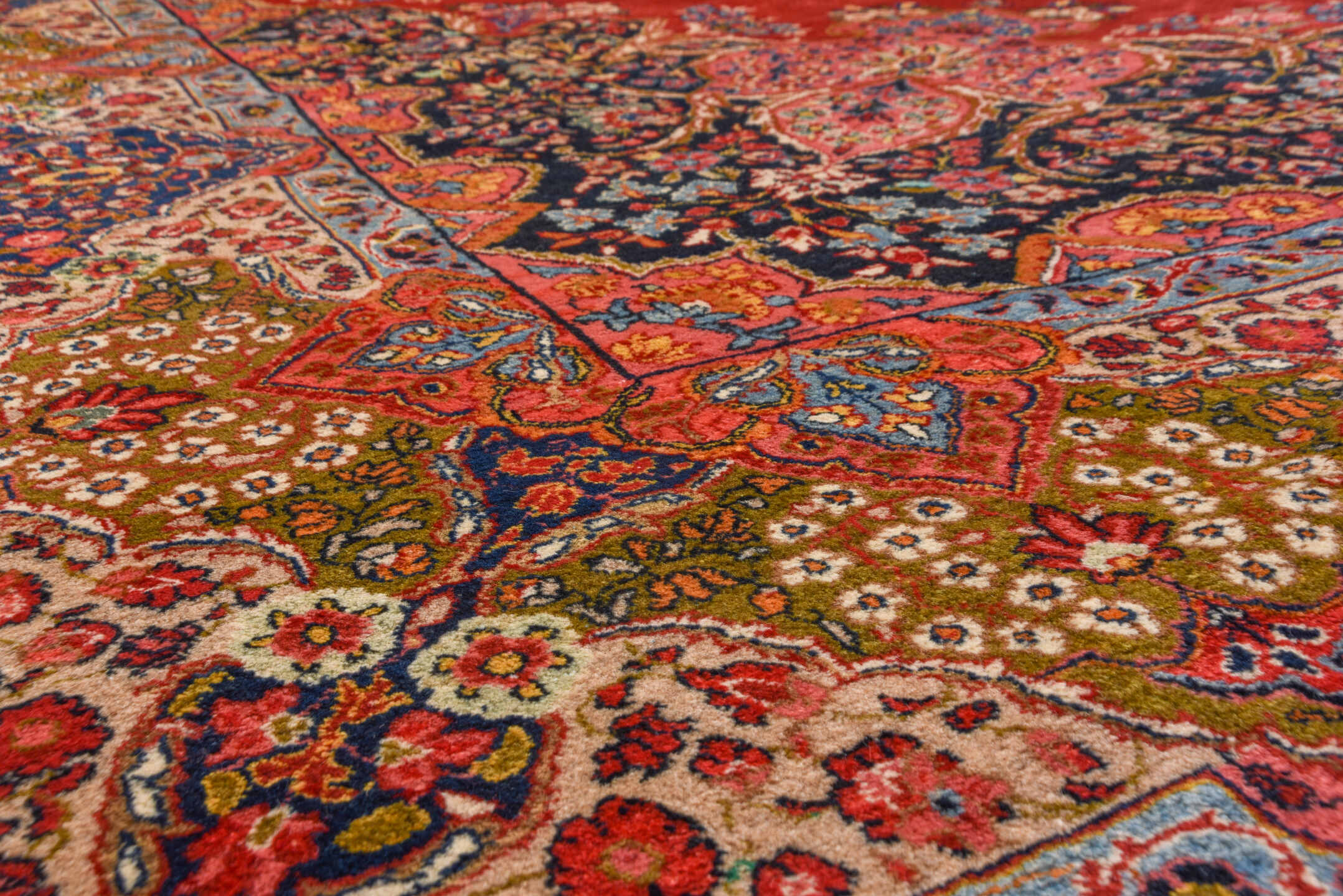 10' x 13' one-of-a-kind handmade antique Sarouk large size rug. Color palette: red, navy, ivory, sky blue, rose, gold, camel