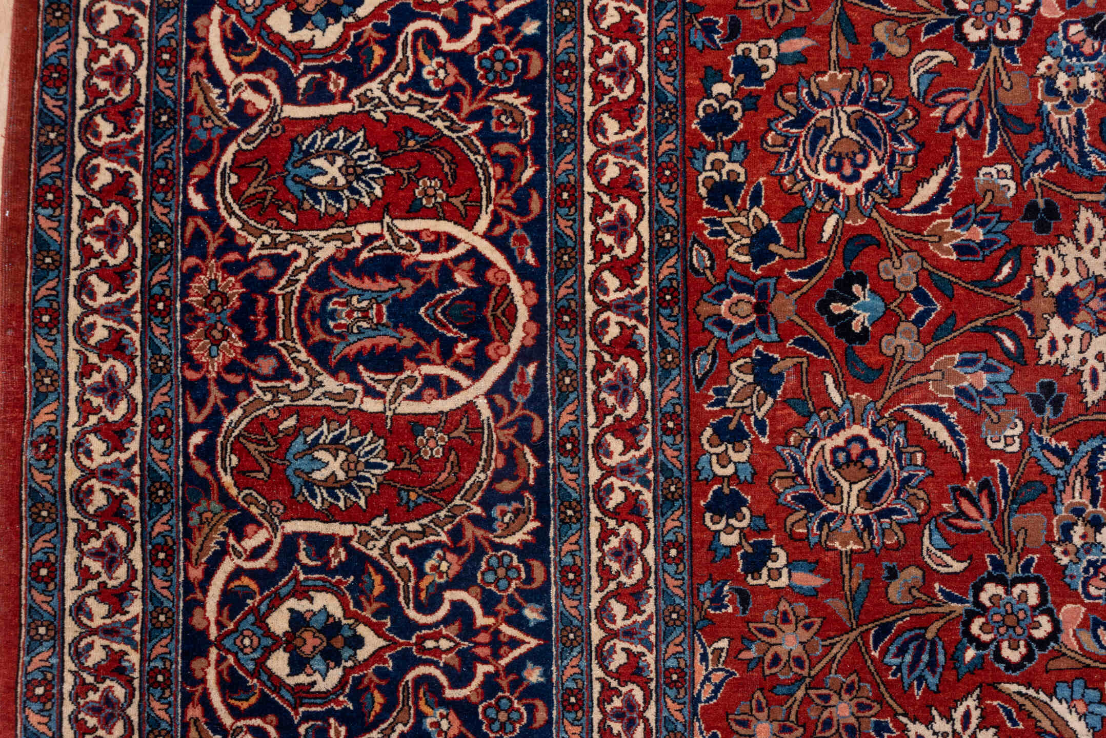 10' x 13' one-of-a-kind handmade antique Isfahan large size rug. Color palette: navy, rust, ivory, crimson, cobalt, camel