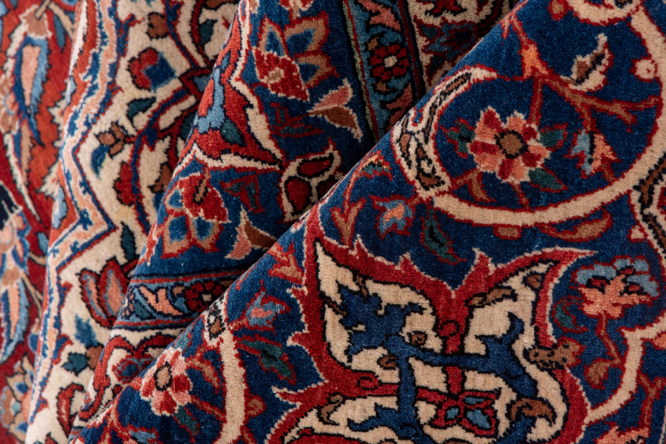 10' x 13' one-of-a-kind handmade antique Isfahan large size rug. Color palette: navy, rust, ivory, crimson, cobalt, camel