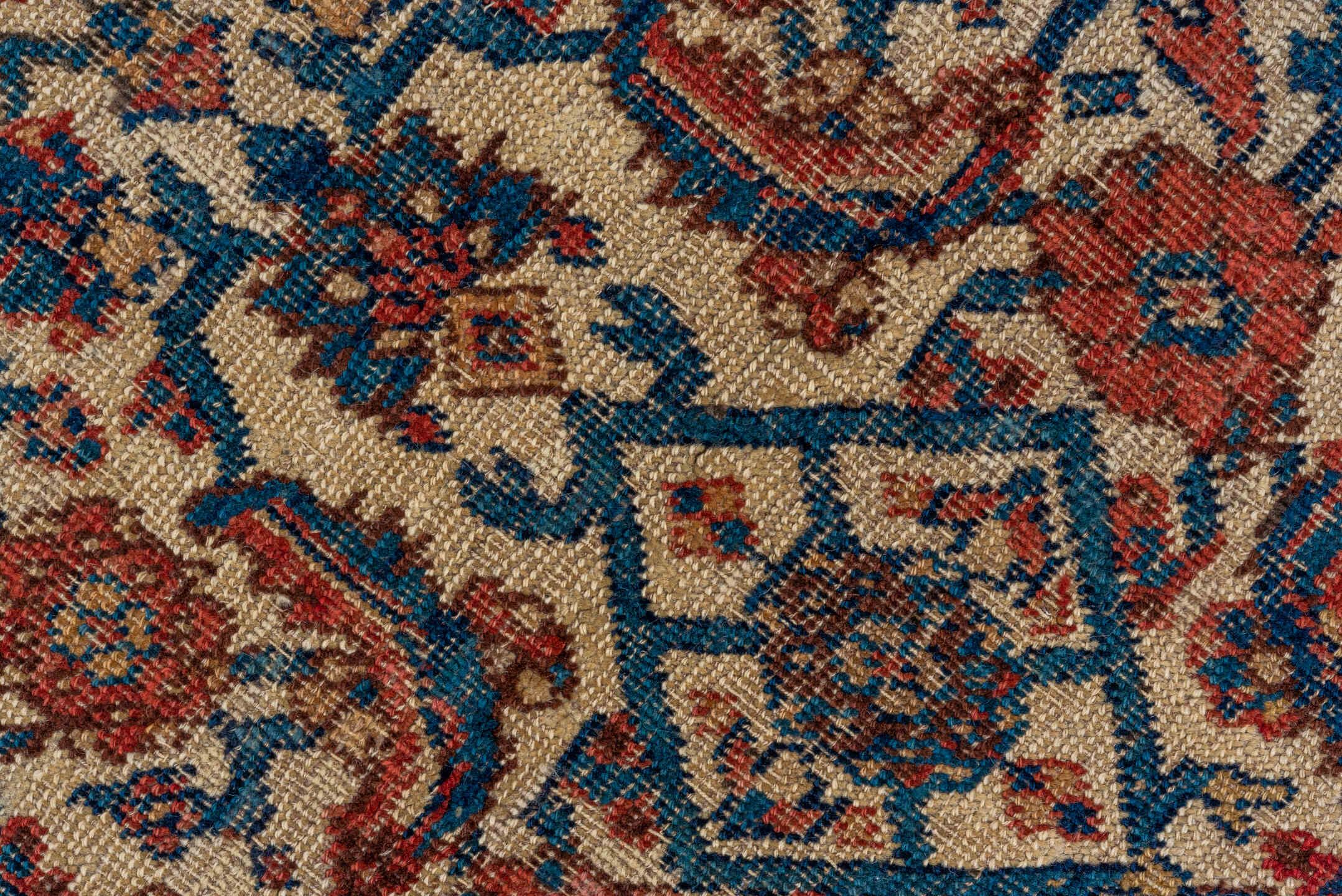 4' x 7' one-of-a-kind handmade antique Bidjar rug. Color palette: ivory, indigo, taupe, rust, rose, camel, charcoal, purple