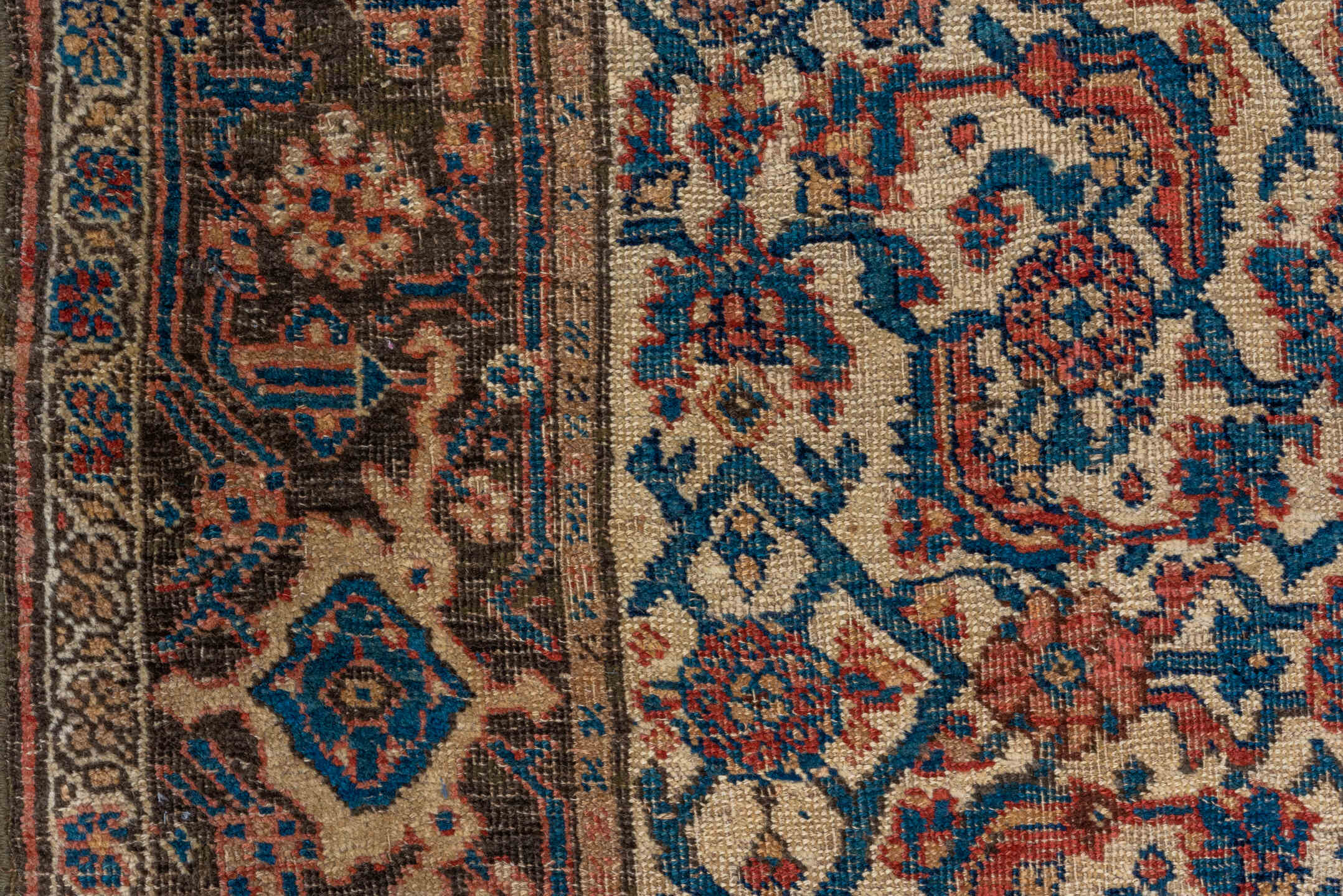 4' x 7' one-of-a-kind handmade antique Bidjar rug. Color palette: ivory, indigo, taupe, rust, rose, camel, charcoal, purple