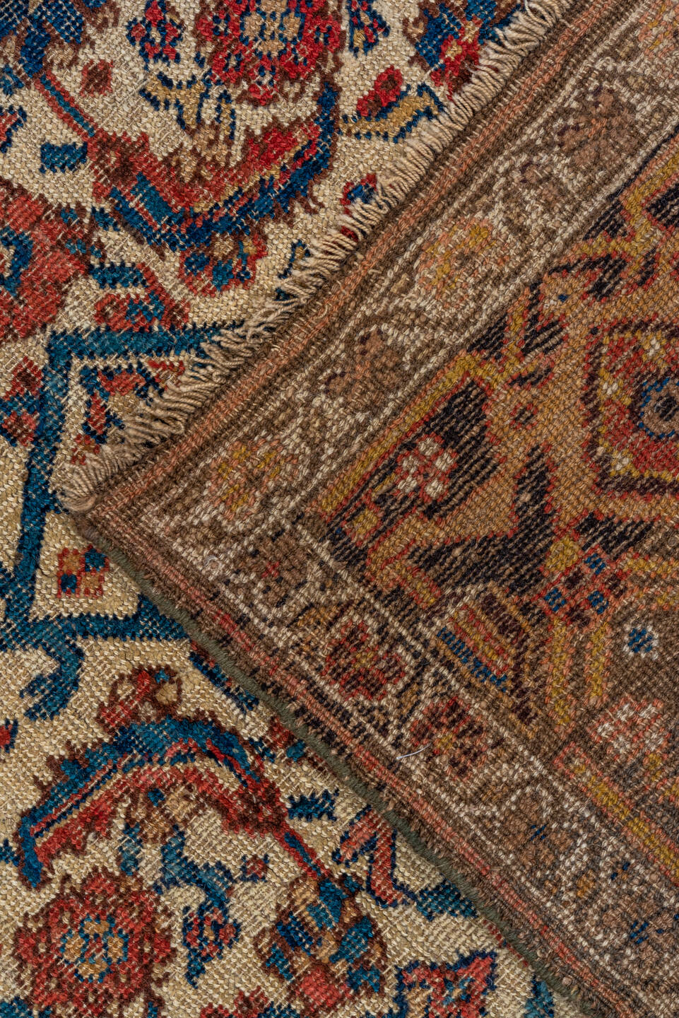 4' x 7' one-of-a-kind handmade antique Bidjar rug. Color palette: ivory, indigo, taupe, rust, rose, camel, charcoal, purple