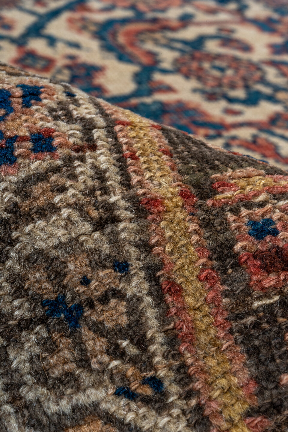 4' x 7' one-of-a-kind handmade antique Bidjar rug. Color palette: ivory, indigo, taupe, rust, rose, camel, charcoal, purple